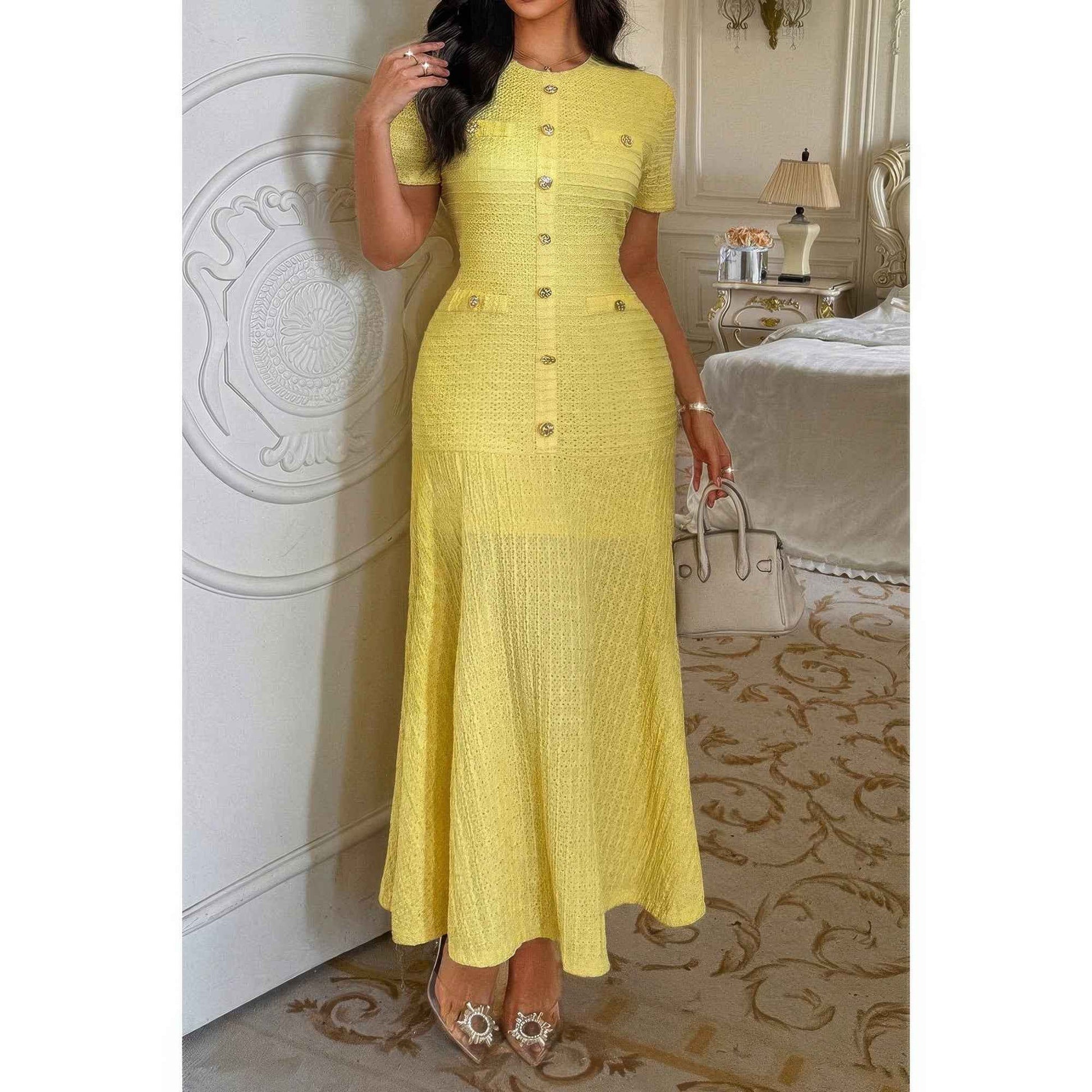 Solid Round Neck Button Elegant Sheath Dress