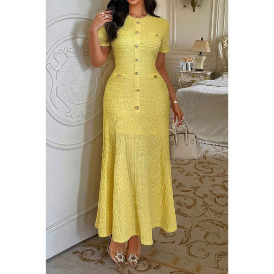 Solid Round Neck Button Elegant Sheath Dress