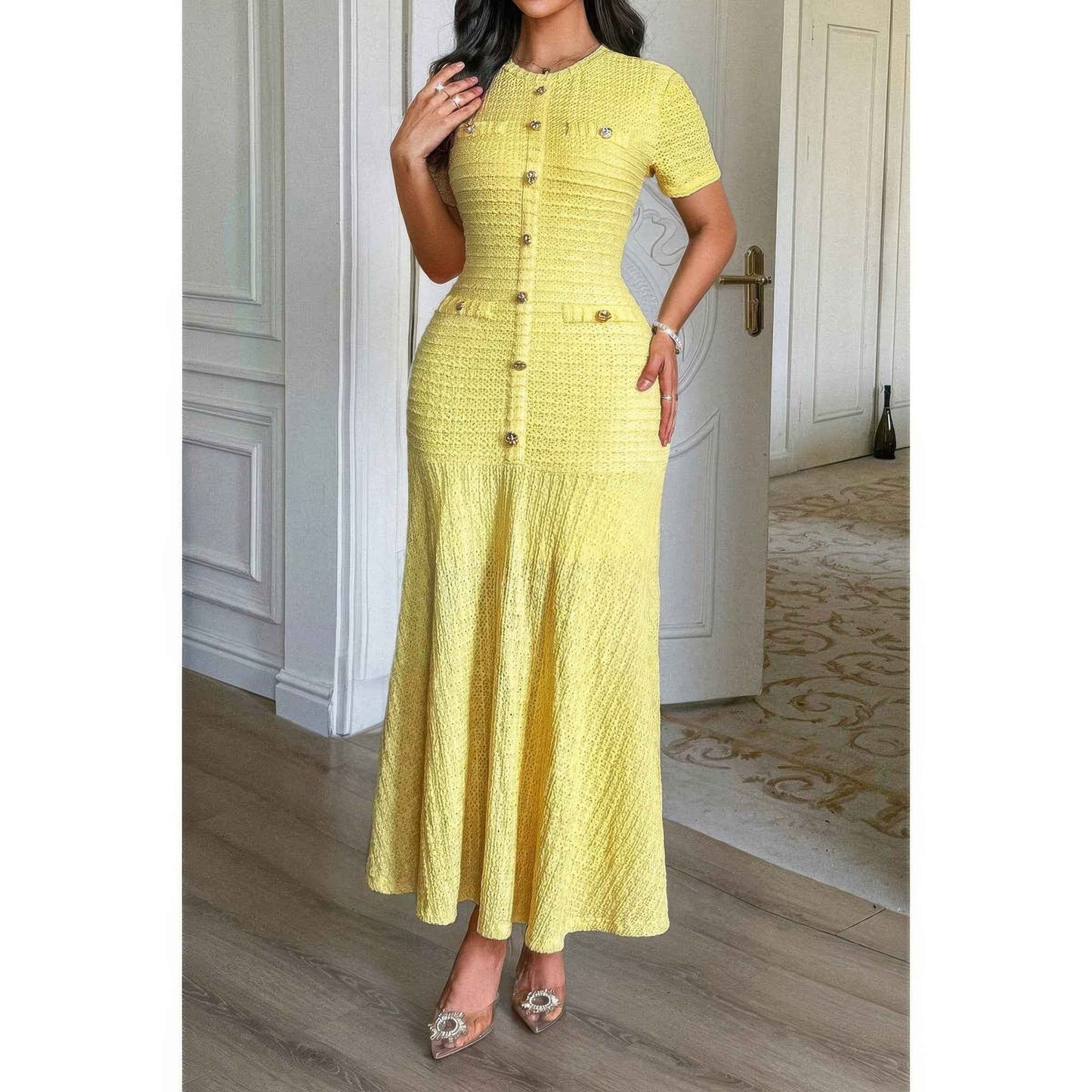 Solid Round Neck Button Elegant Sheath Dress