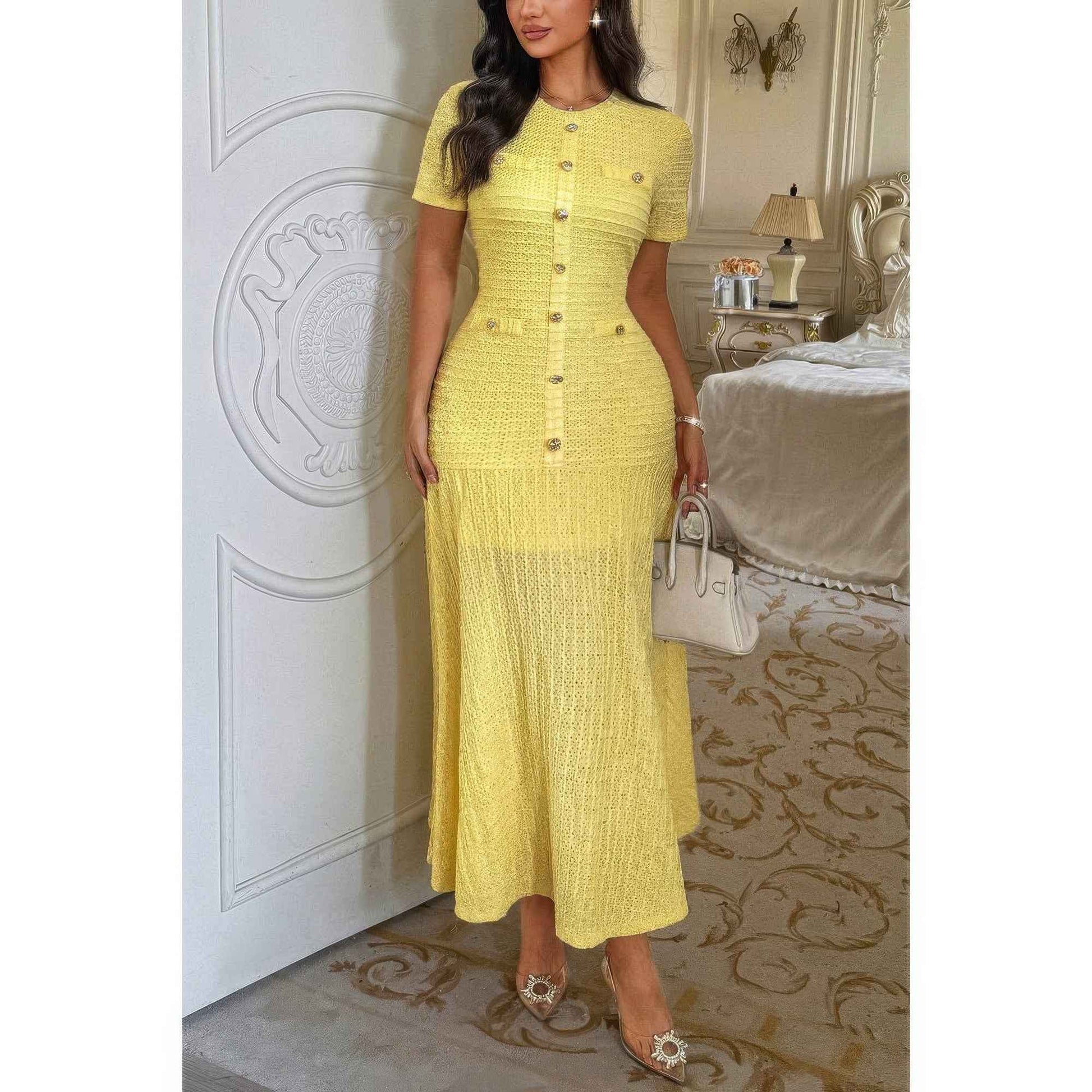 Solid Round Neck Button Elegant Sheath Dress