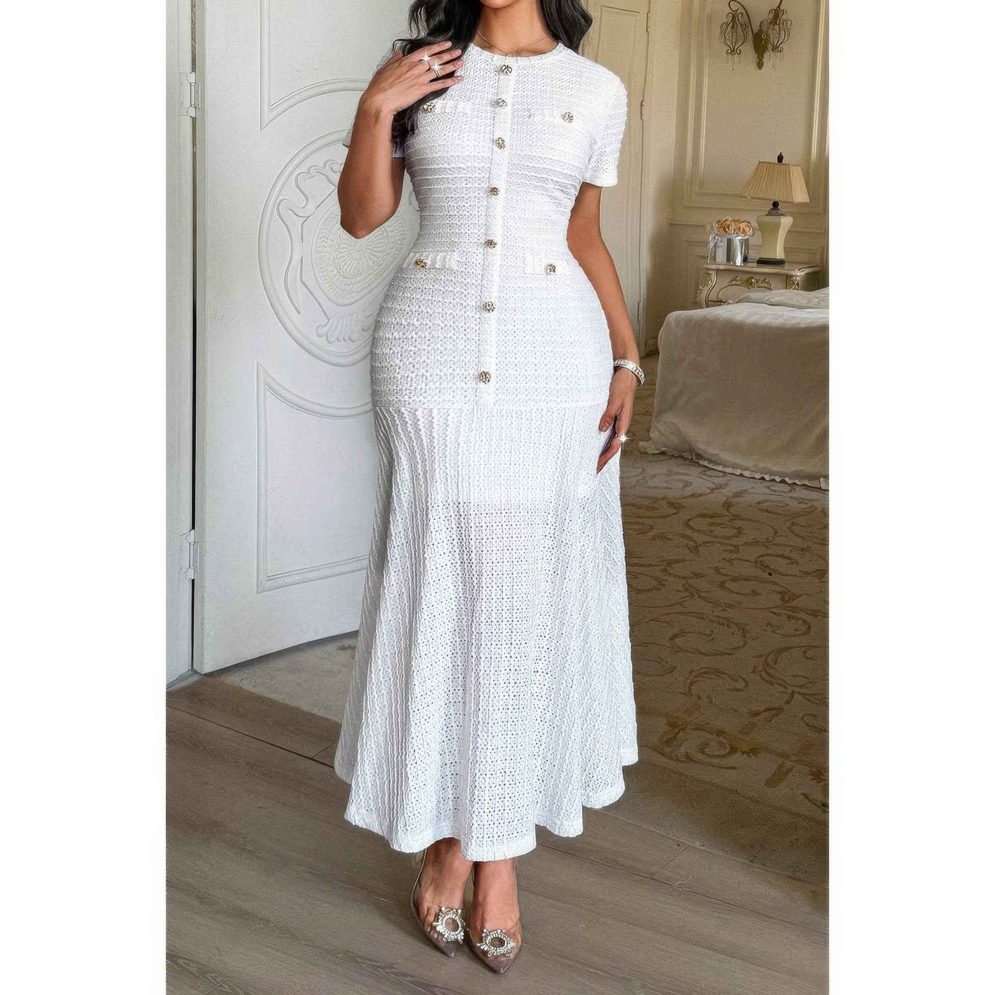 Solid Round Neck Button Elegant Sheath Dress