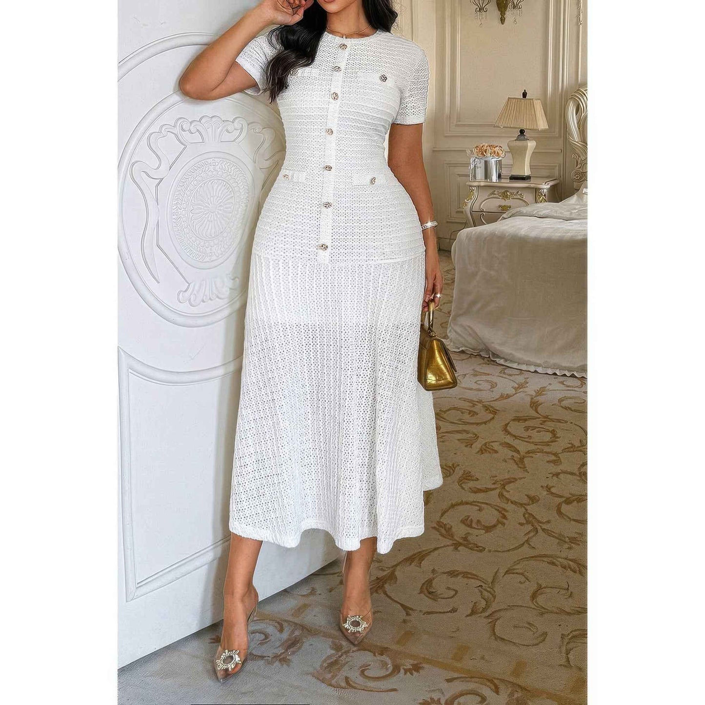 Solid Round Neck Button Elegant Sheath Dress