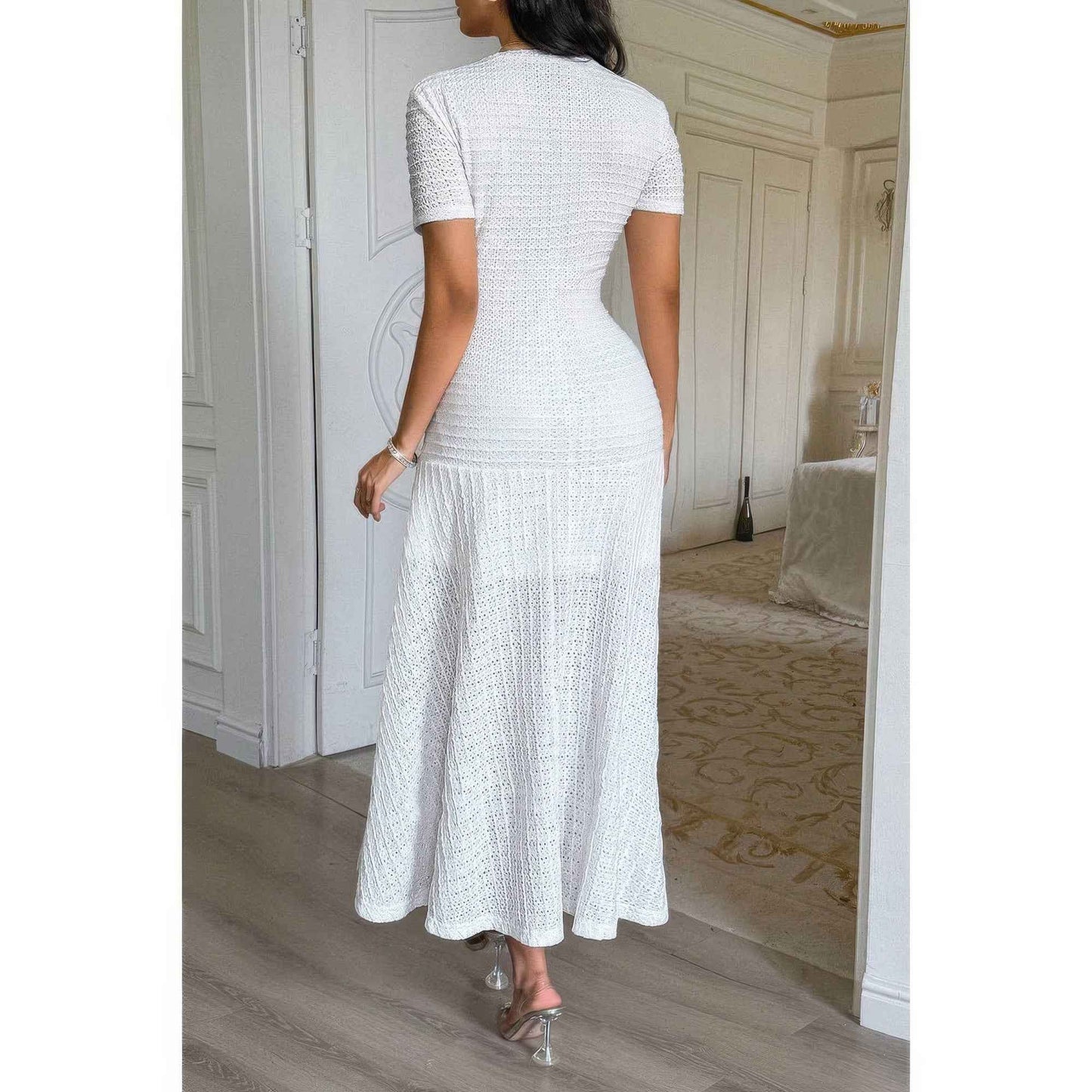 Solid Round Neck Button Elegant Sheath Dress