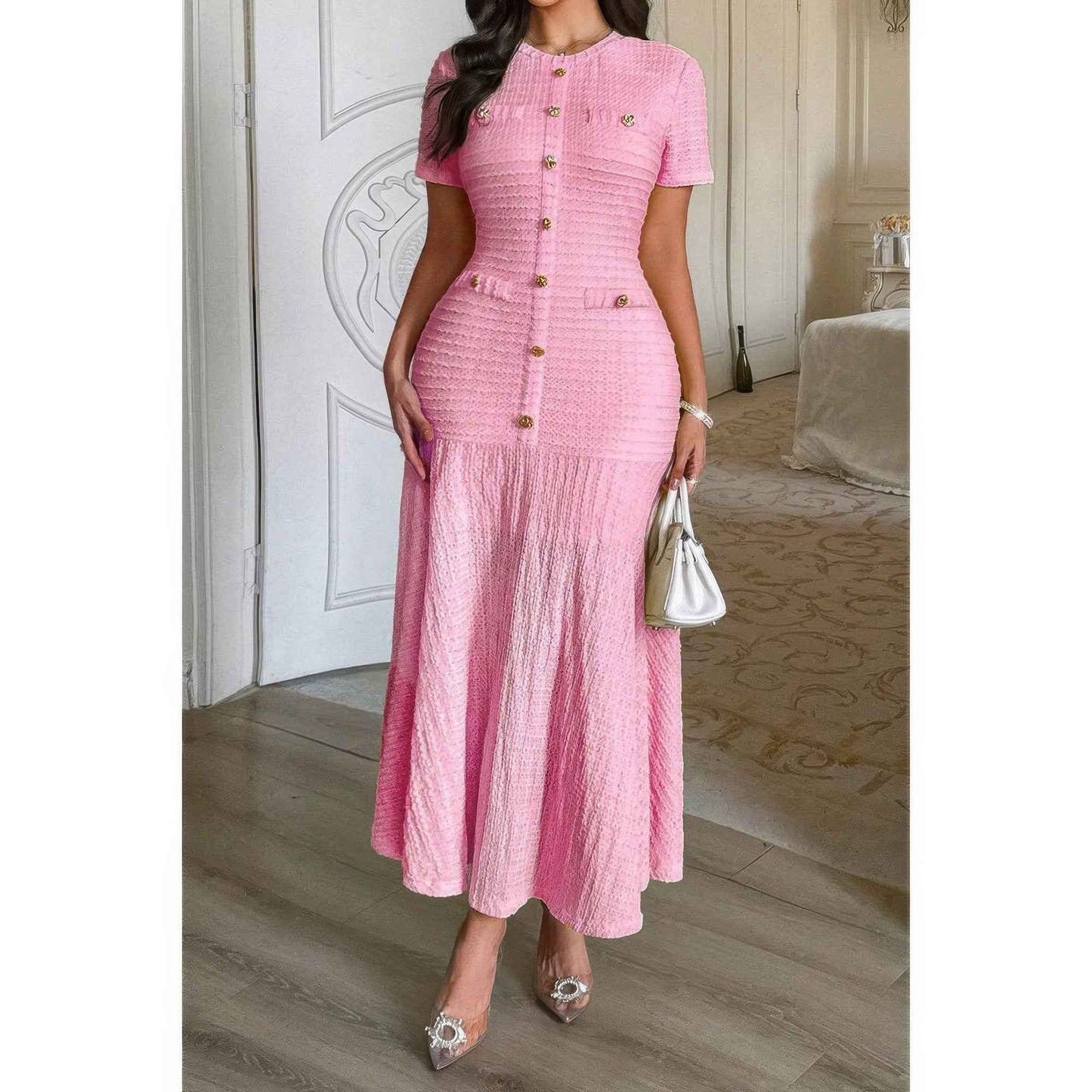 Solid Round Neck Button Elegant Sheath Dress