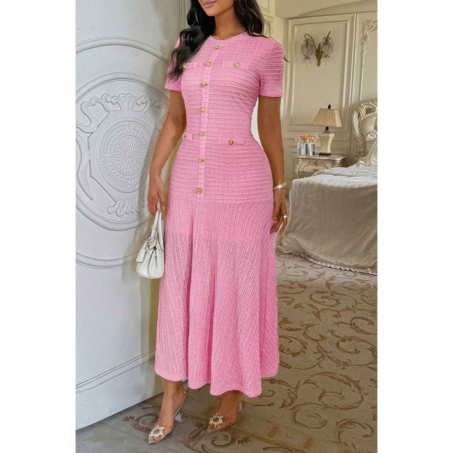 Solid Round Neck Button Elegant Sheath Dress
