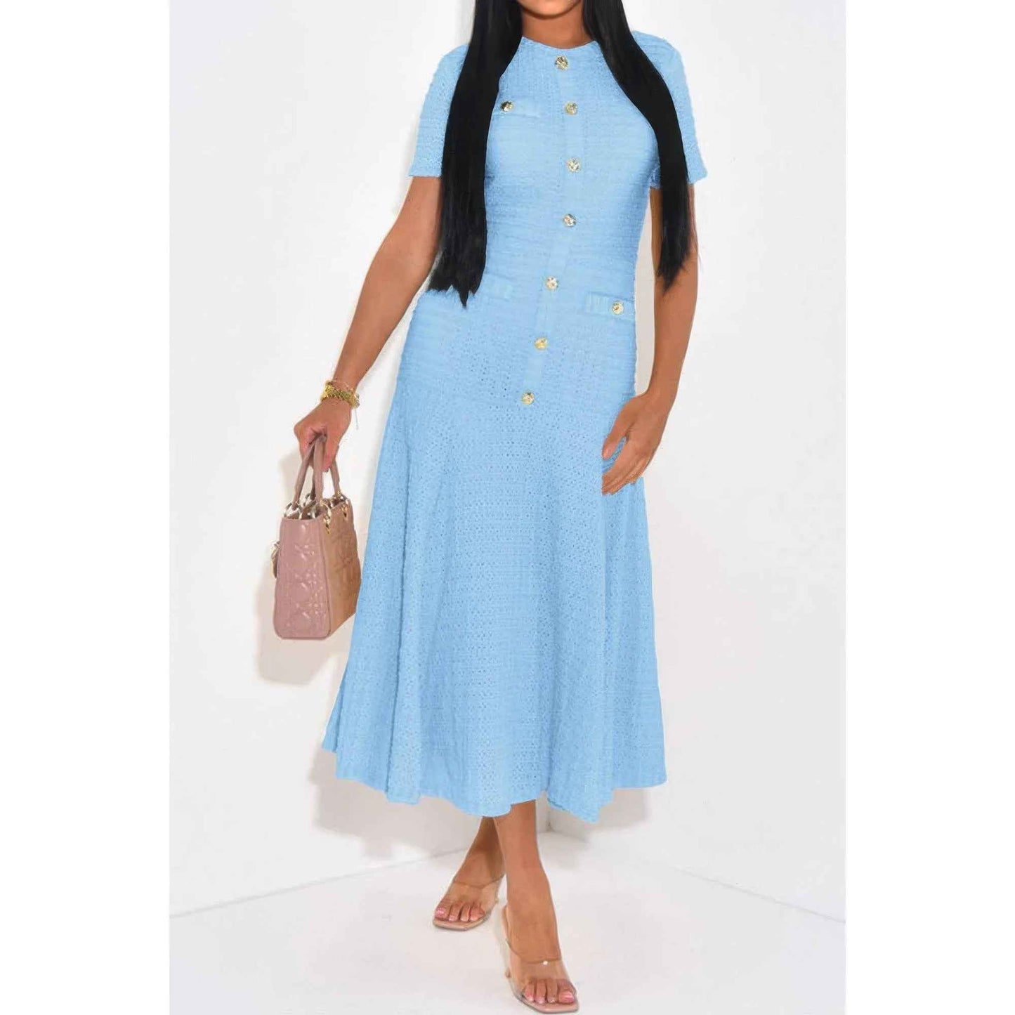 Solid Round Neck Button Elegant Sheath Dress