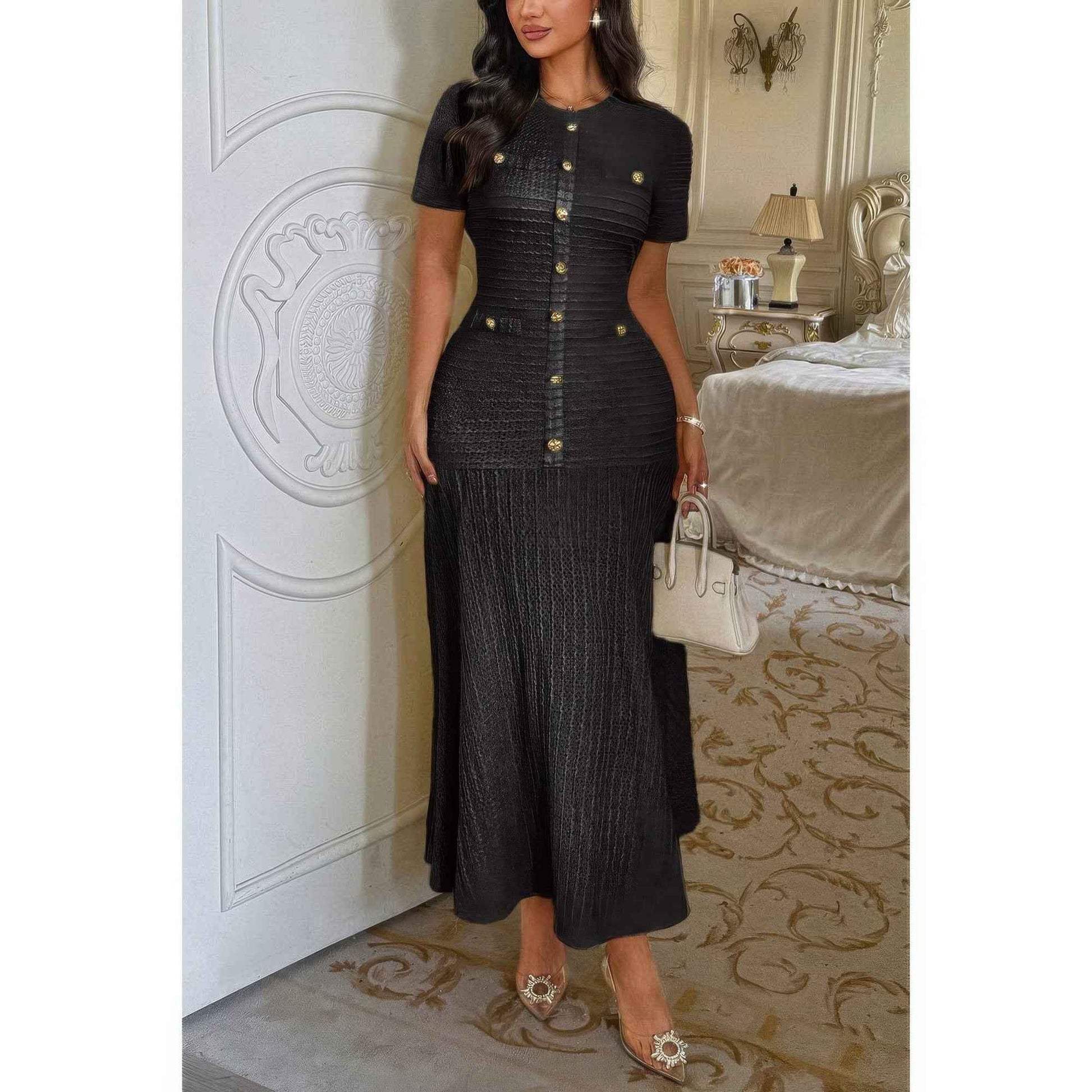 Solid Round Neck Button Elegant Sheath Dress