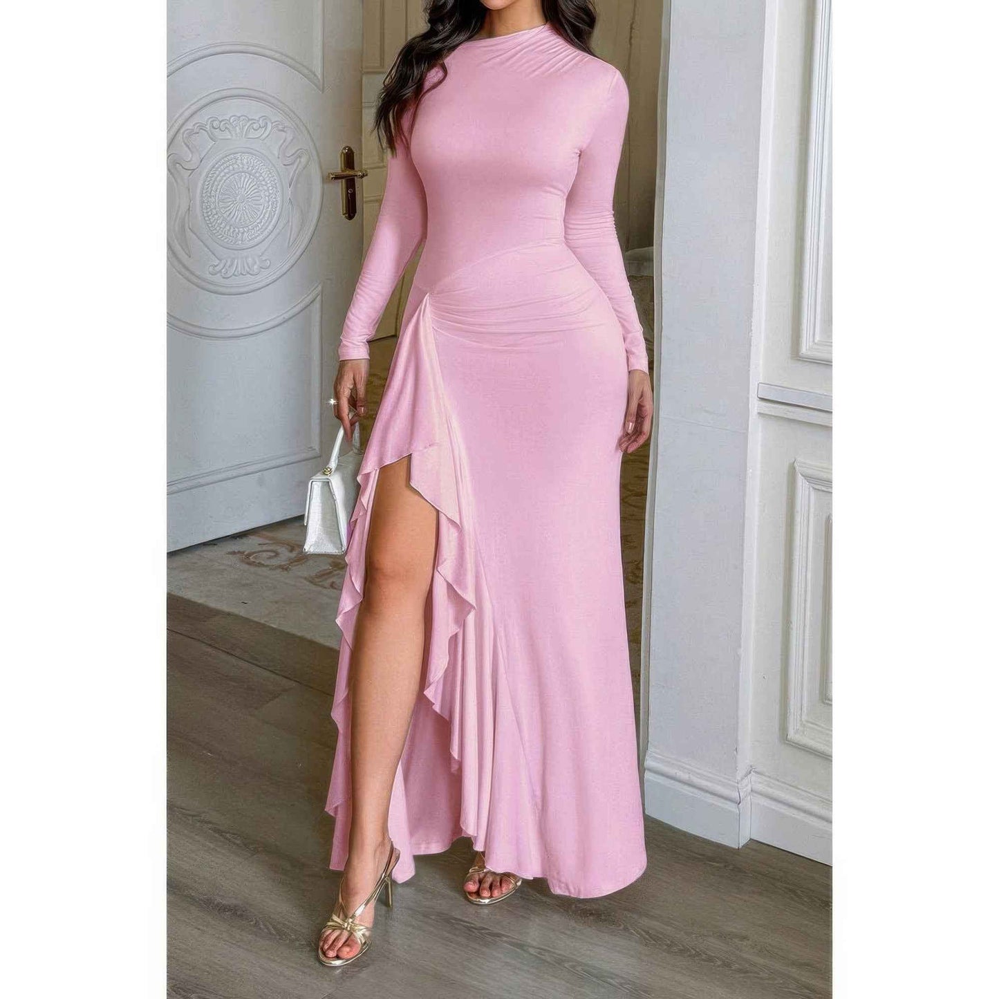 Curvy Slit Elegant Ruched Long Sleeve Dress
