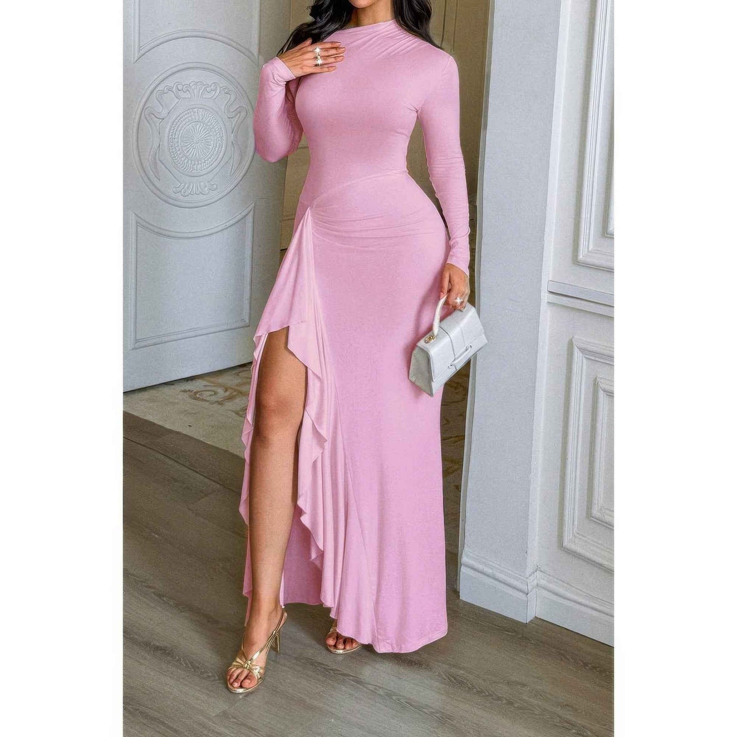 Curvy Slit Elegant Ruched Long Sleeve Dress