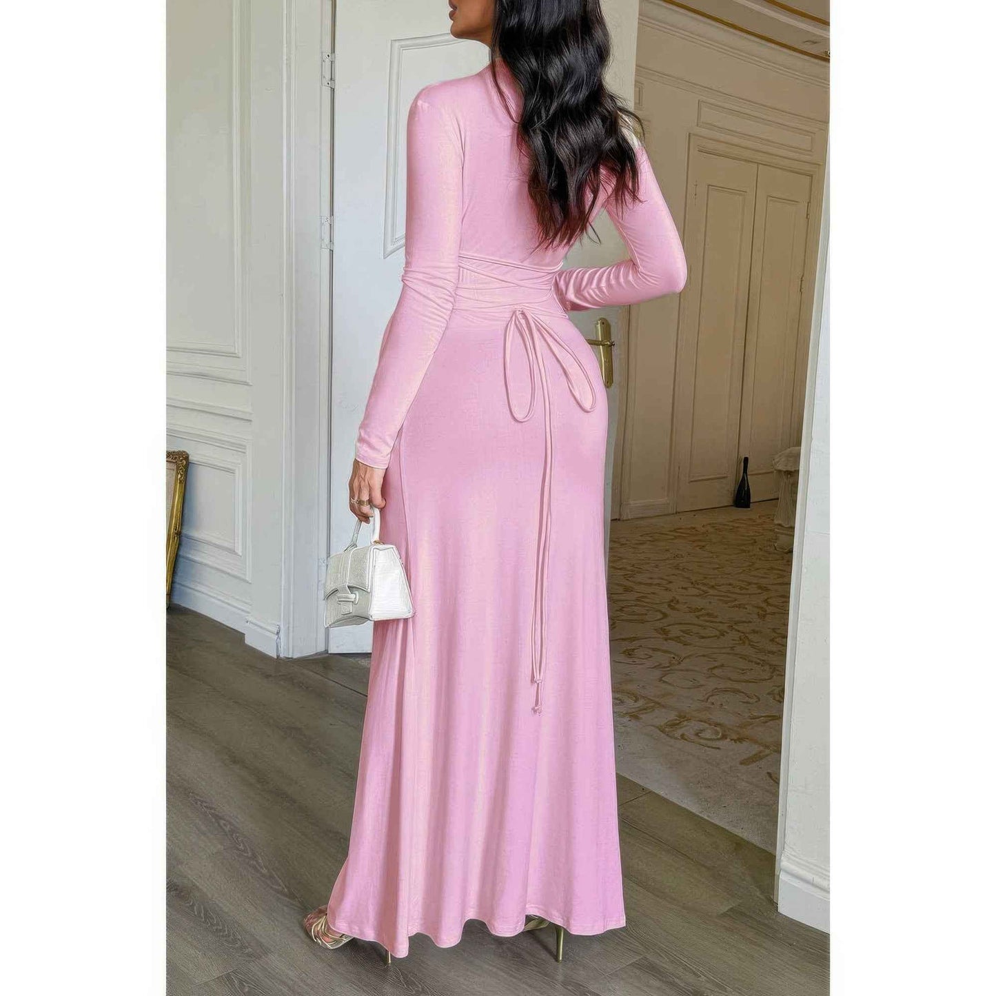 Curvy Slit Elegant Ruched Long Sleeve Dress