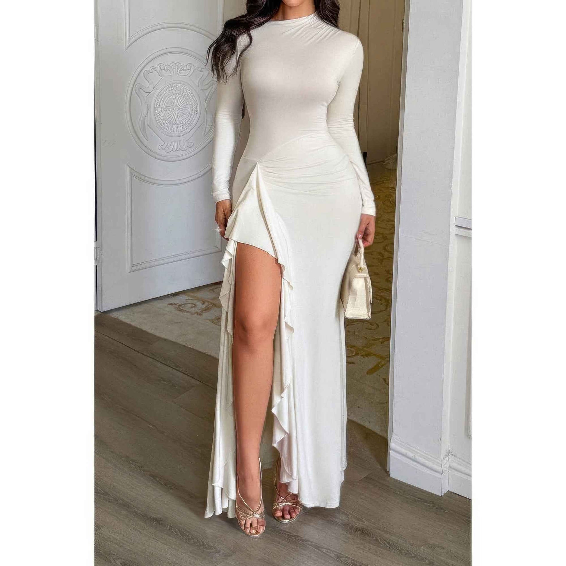 Curvy Slit Elegant Ruched Long Sleeve Dress