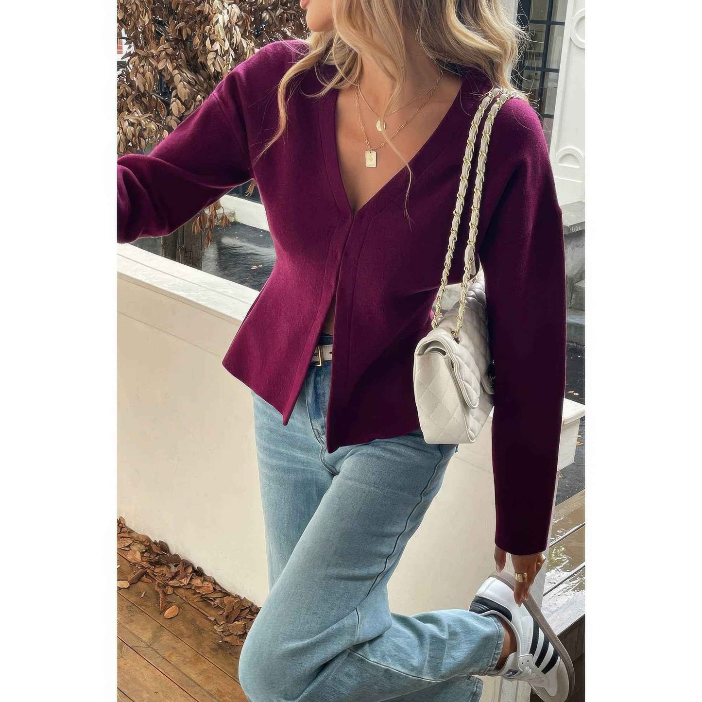 Solid V Neck Raglan Sleeve Burgundy Knit Shirt