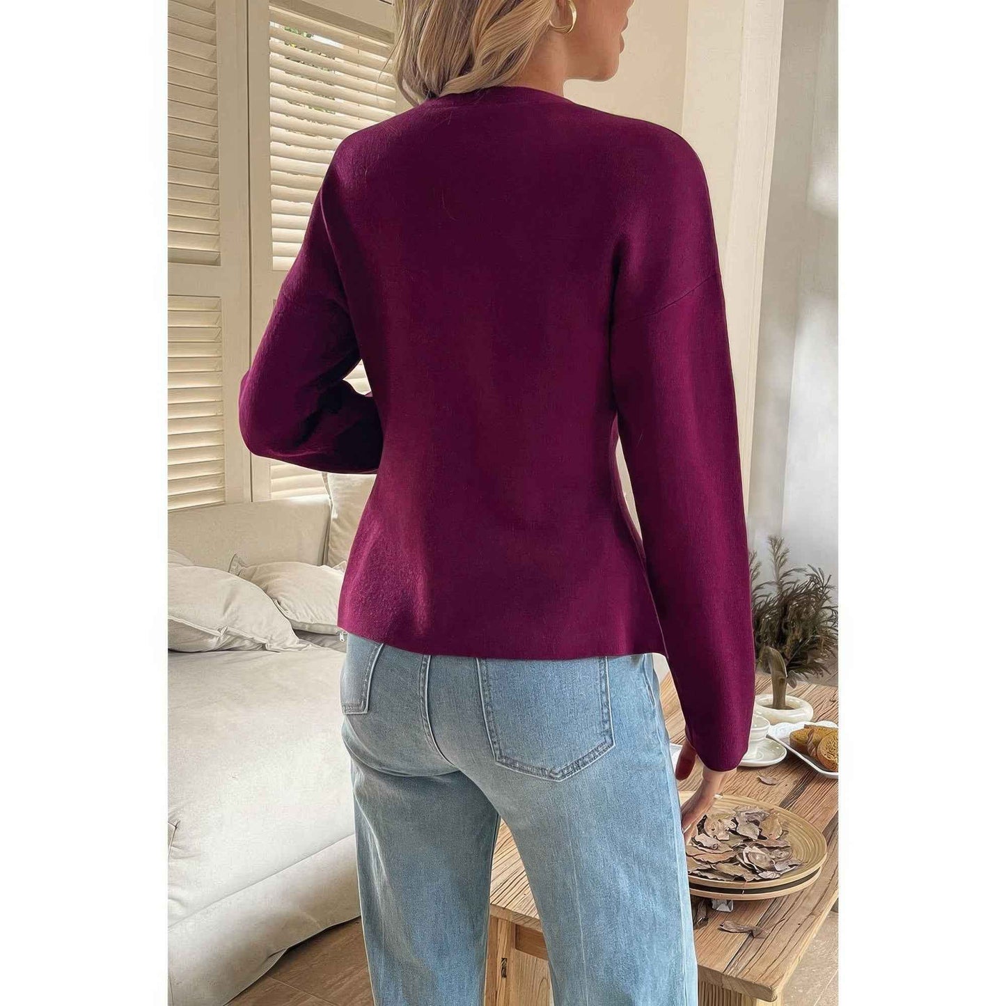 Solid V Neck Raglan Sleeve Burgundy Knit Shirt