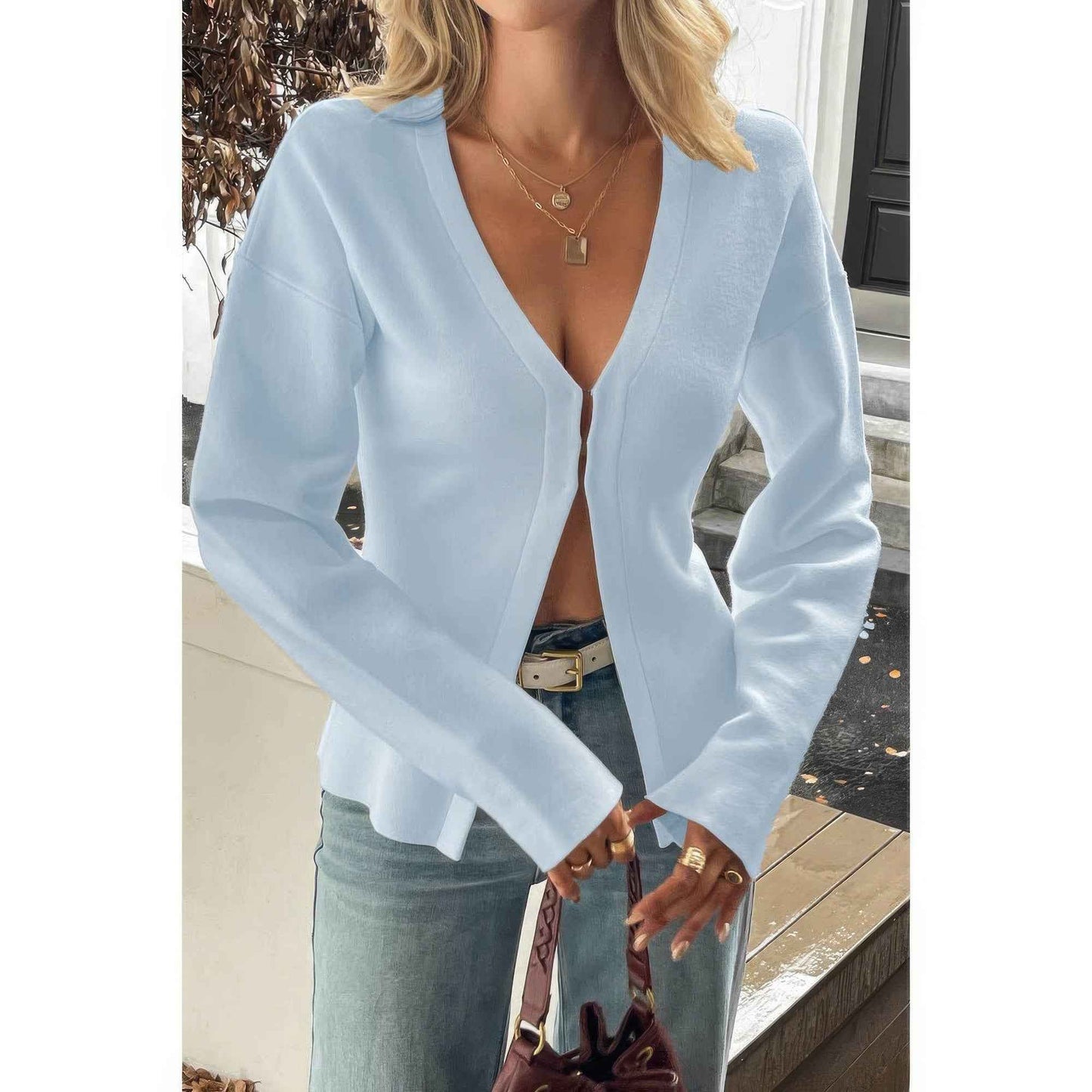 Solid V Neck Raglan Sleeve Burgundy Knit Shirt