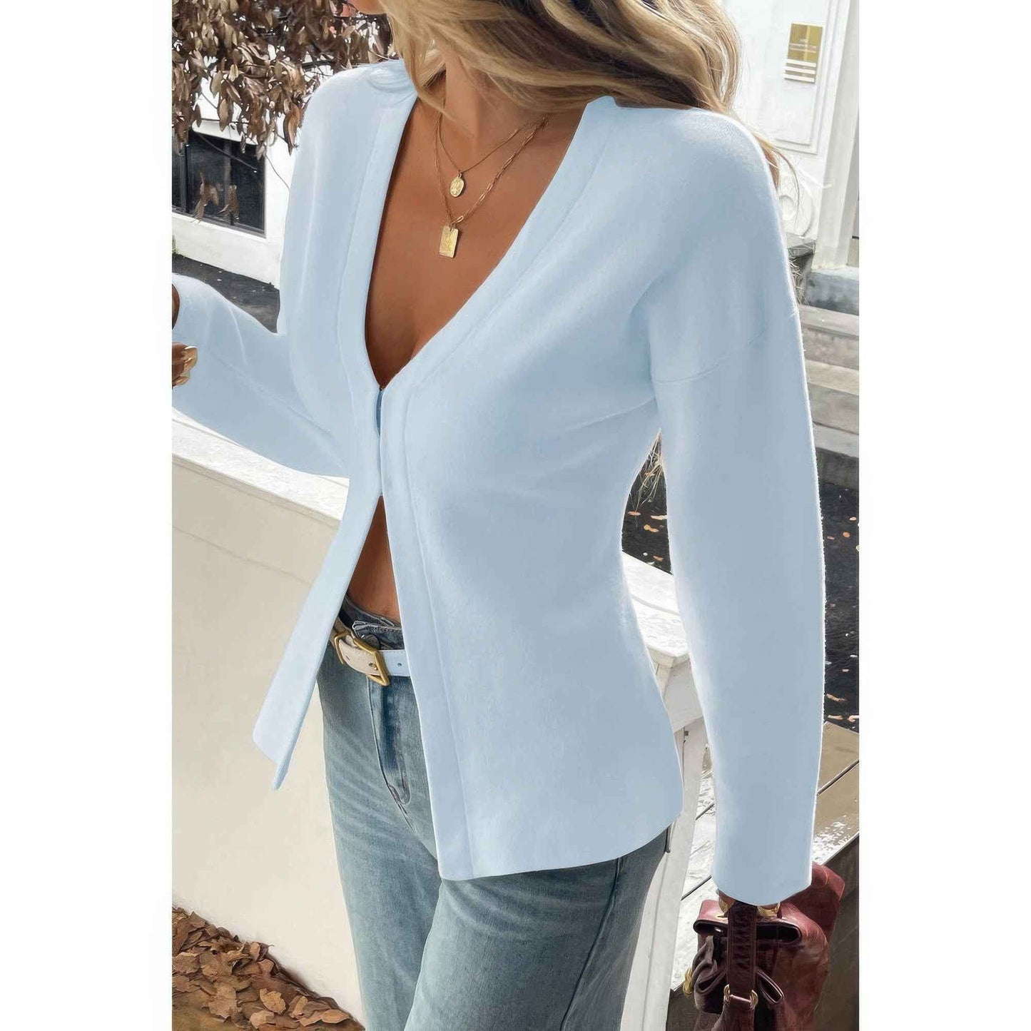 Solid V Neck Raglan Sleeve Burgundy Knit Shirt