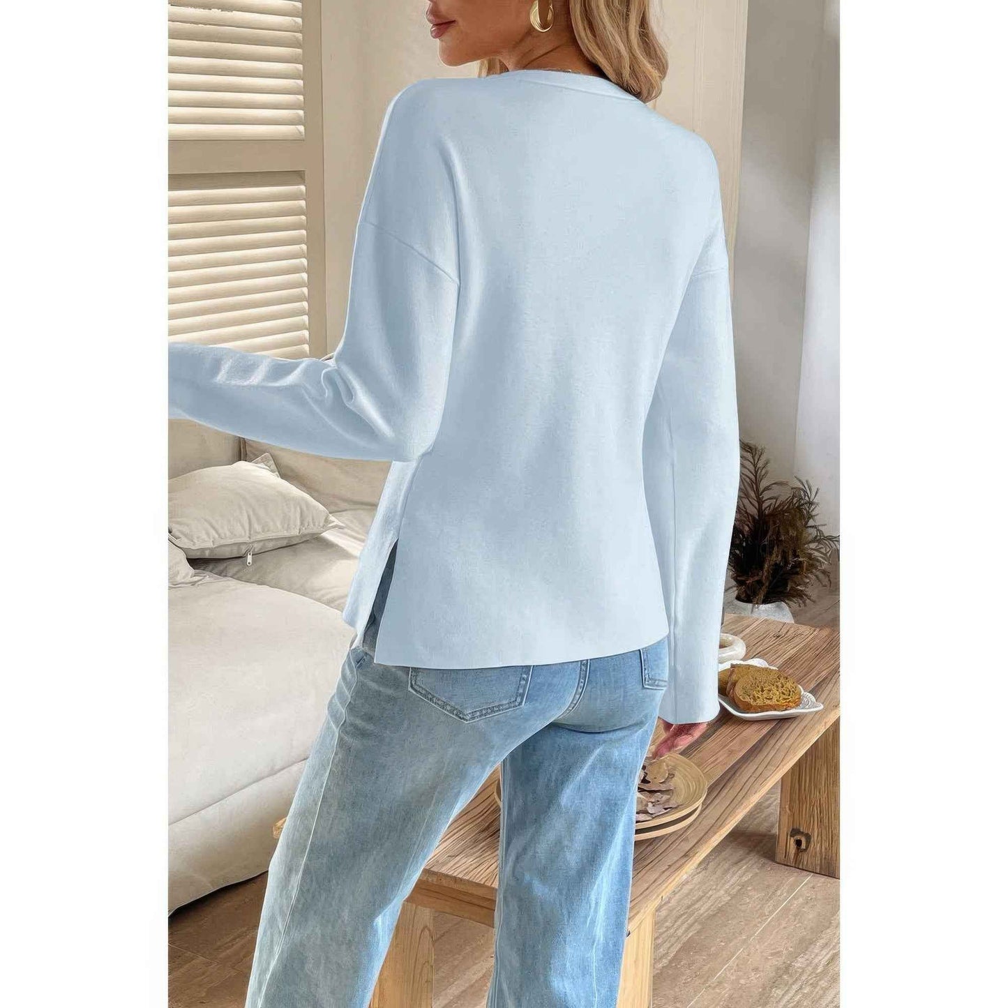 Solid V Neck Raglan Sleeve Burgundy Knit Shirt