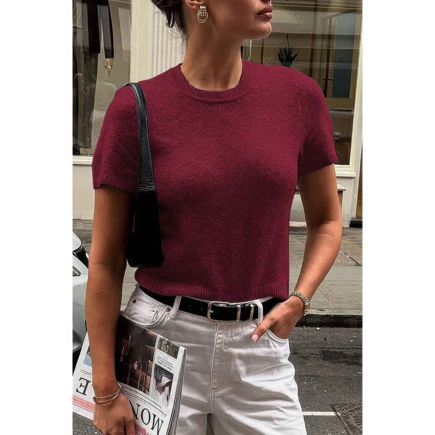 Solid Wool O Neck Knit Short Sleeve Shirt