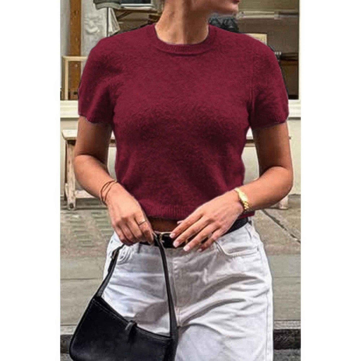 Solid Wool O Neck Knit Short Sleeve Shirt