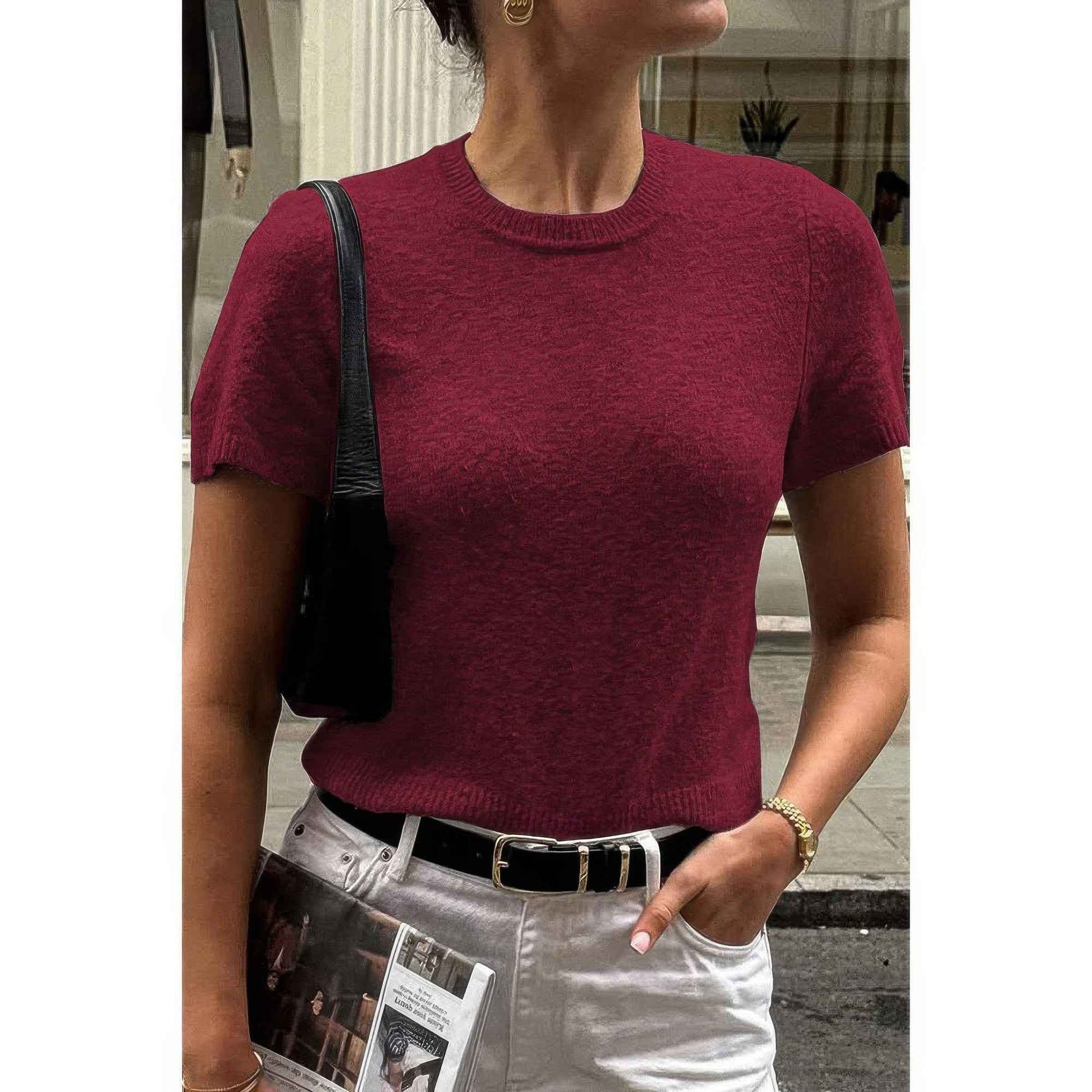 Solid Wool O Neck Knit Short Sleeve Shirt