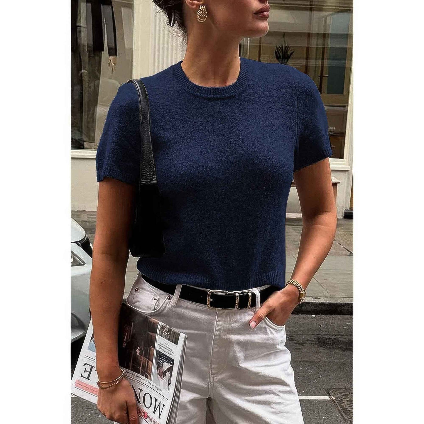 Solid Wool O Neck Knit Short Sleeve Shirt