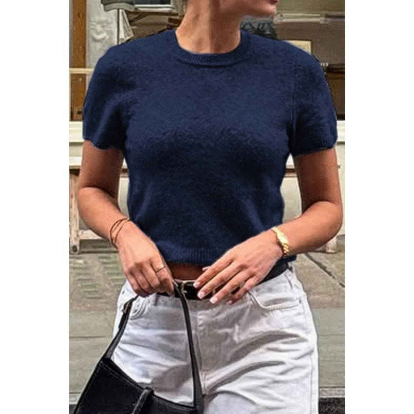 Solid Wool O Neck Knit Short Sleeve Shirt