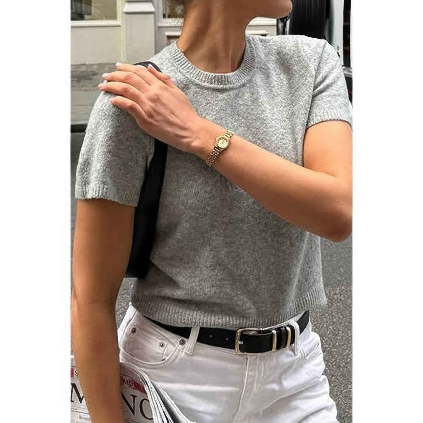 Solid Wool O Neck Knit Short Sleeve Shirt