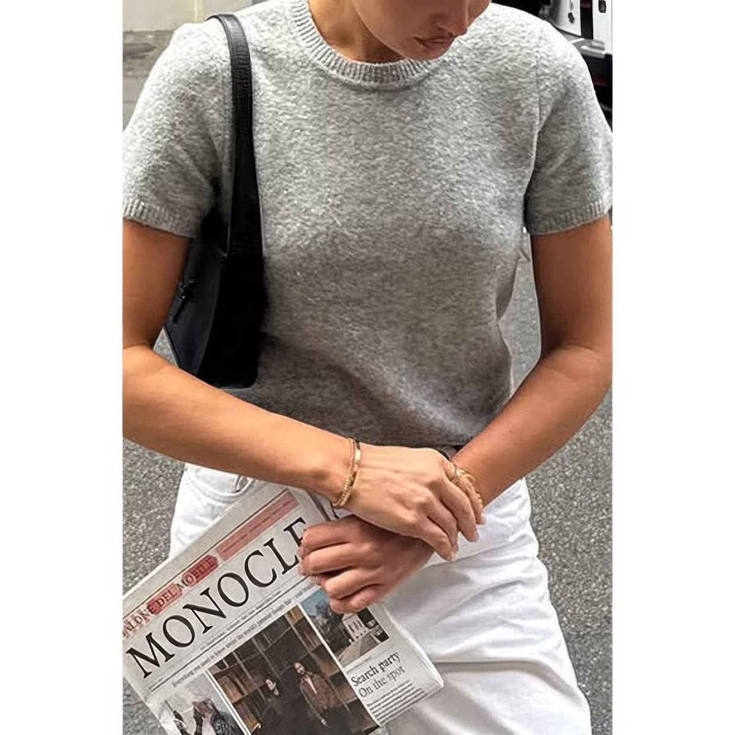 Solid Wool O Neck Knit Short Sleeve Shirt