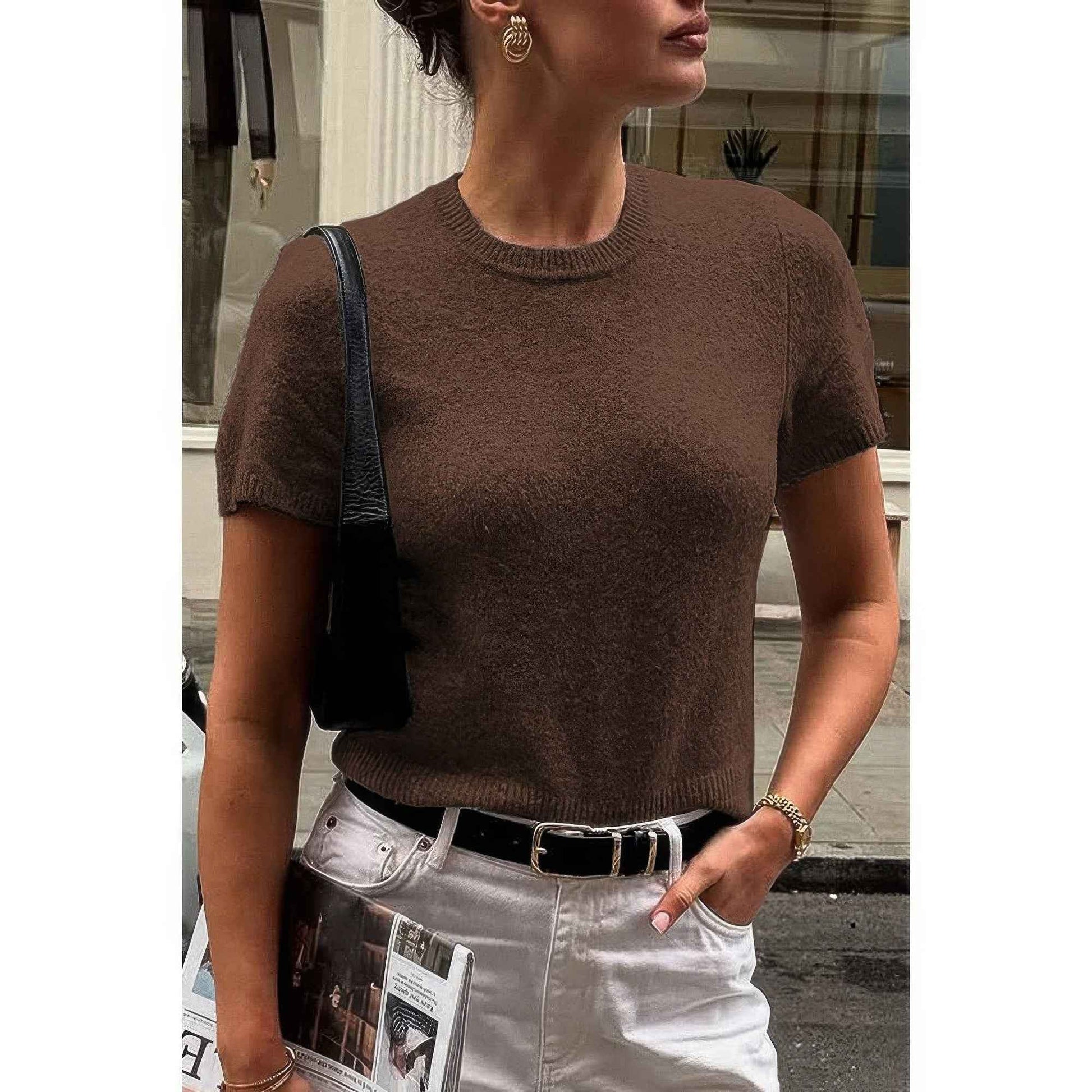 Solid Wool O Neck Knit Short Sleeve Shirt