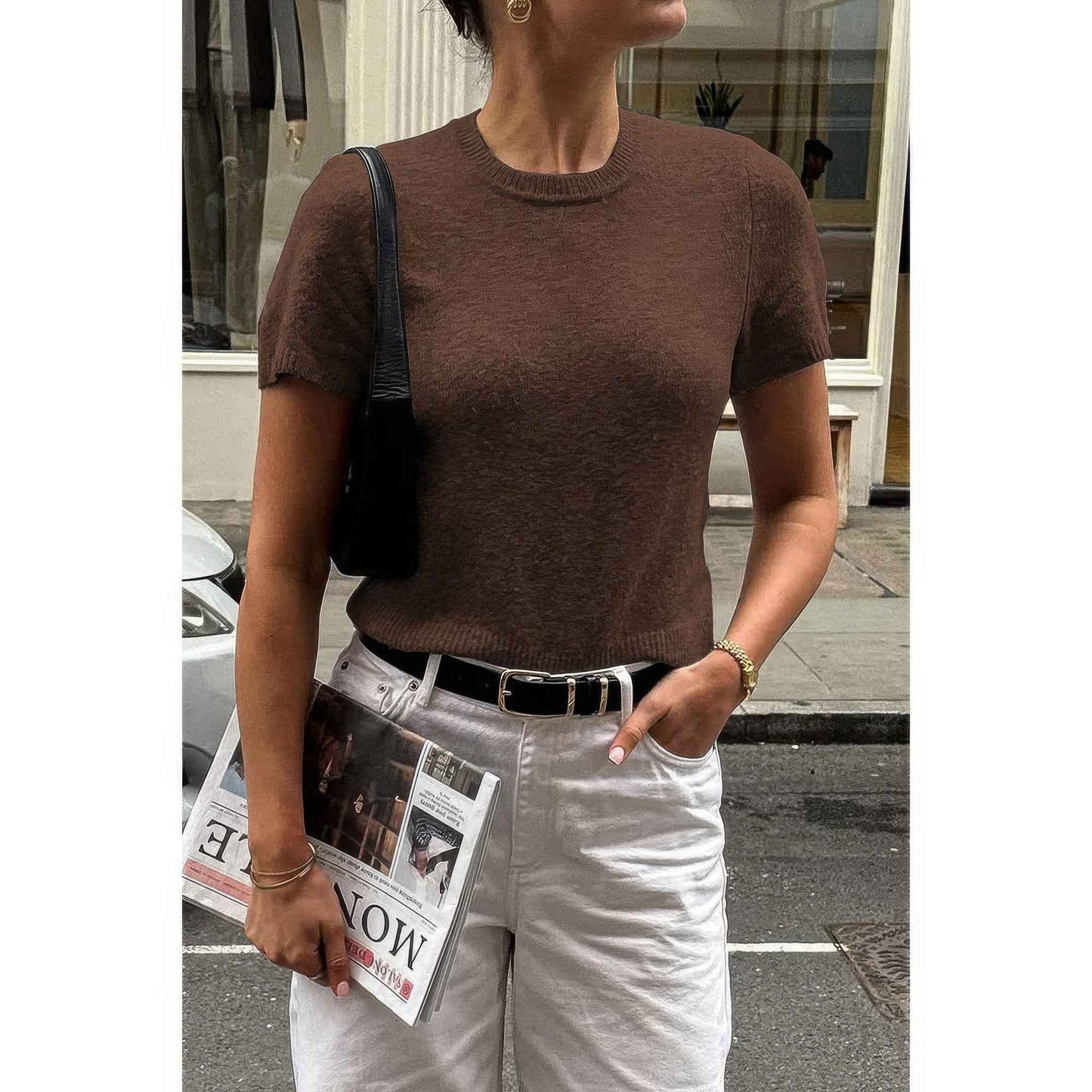 Solid Wool O Neck Knit Short Sleeve Shirt