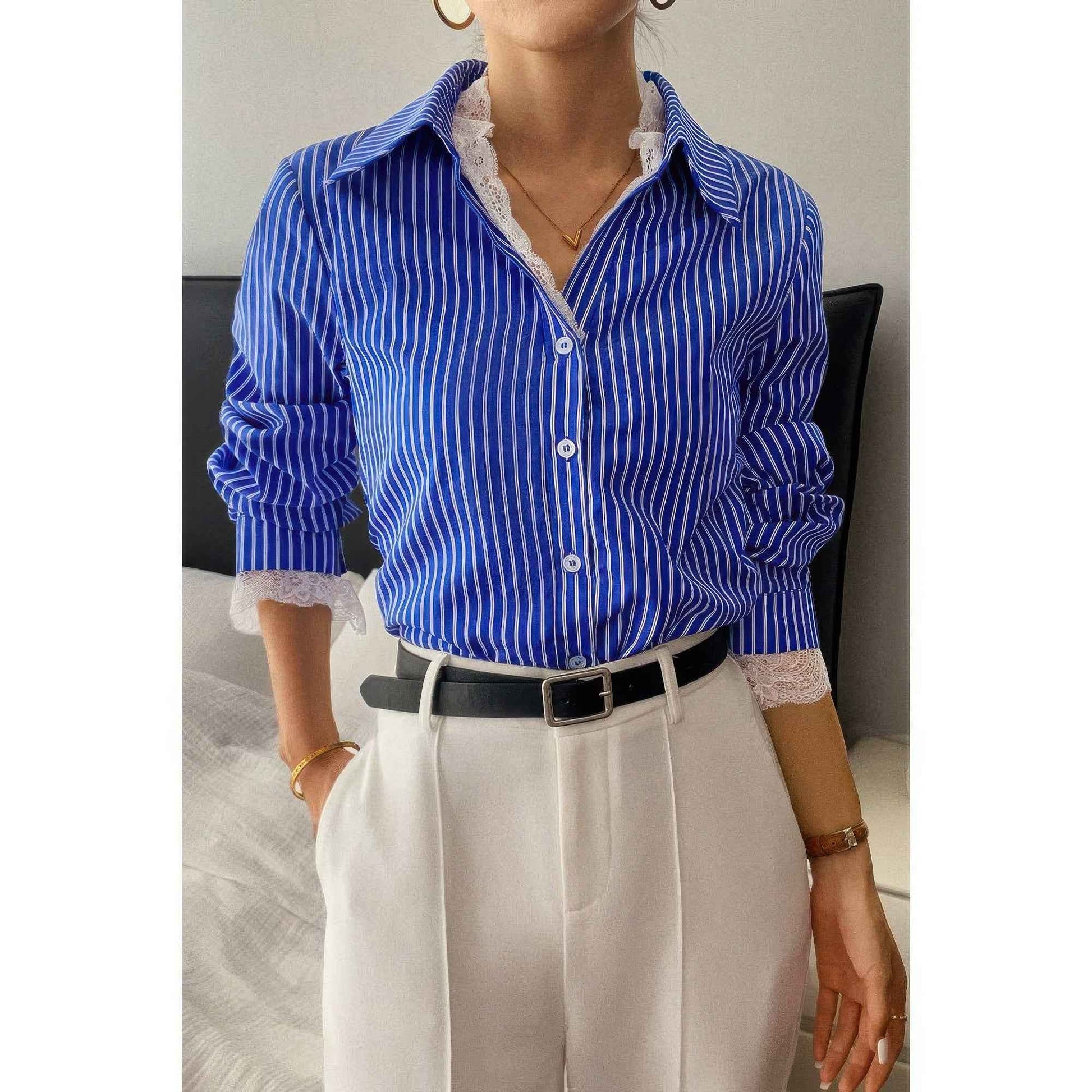 Striped Button Down Lace Detail Loose Shirt