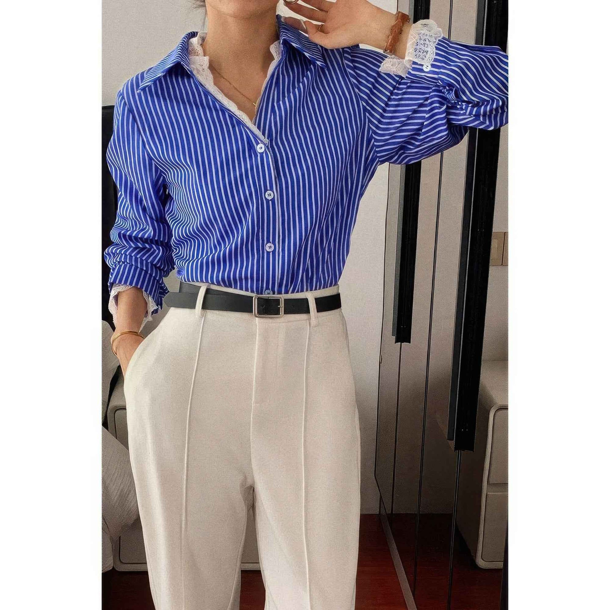 Striped Button Down Lace Detail Loose Shirt