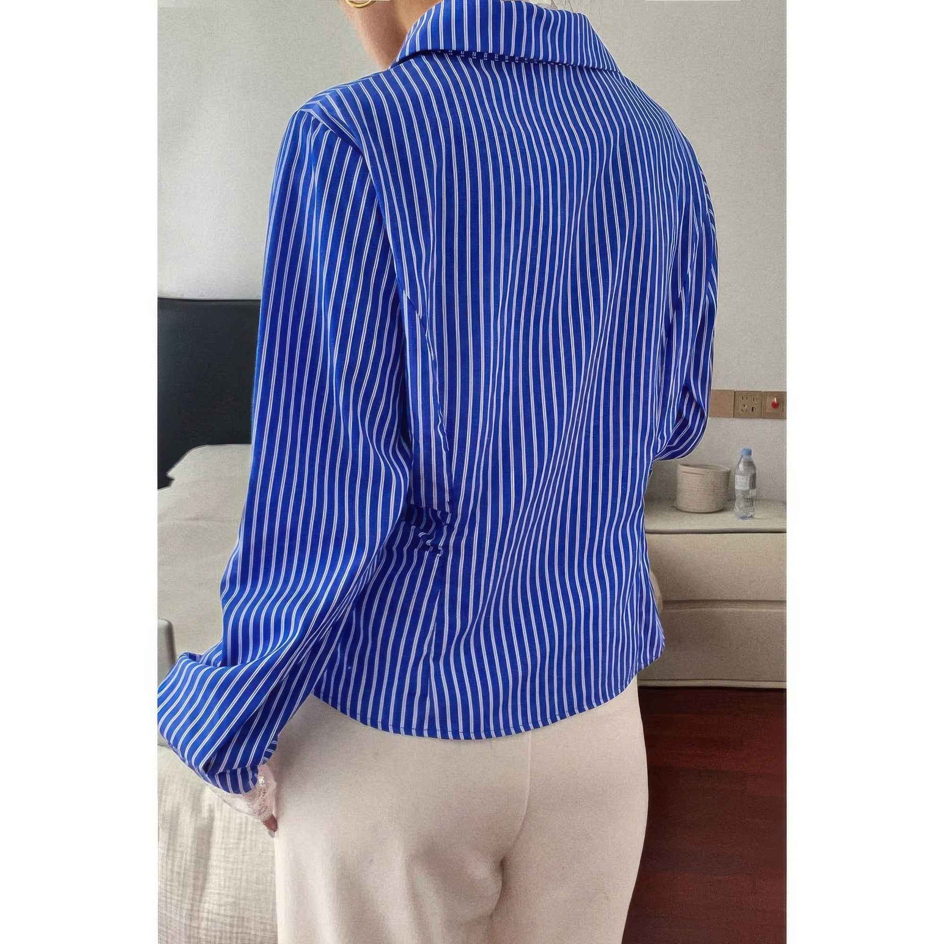 Striped Button Down Lace Detail Loose Shirt