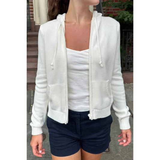 Solid Ribbed Knit Zipper Pockets Hoodie