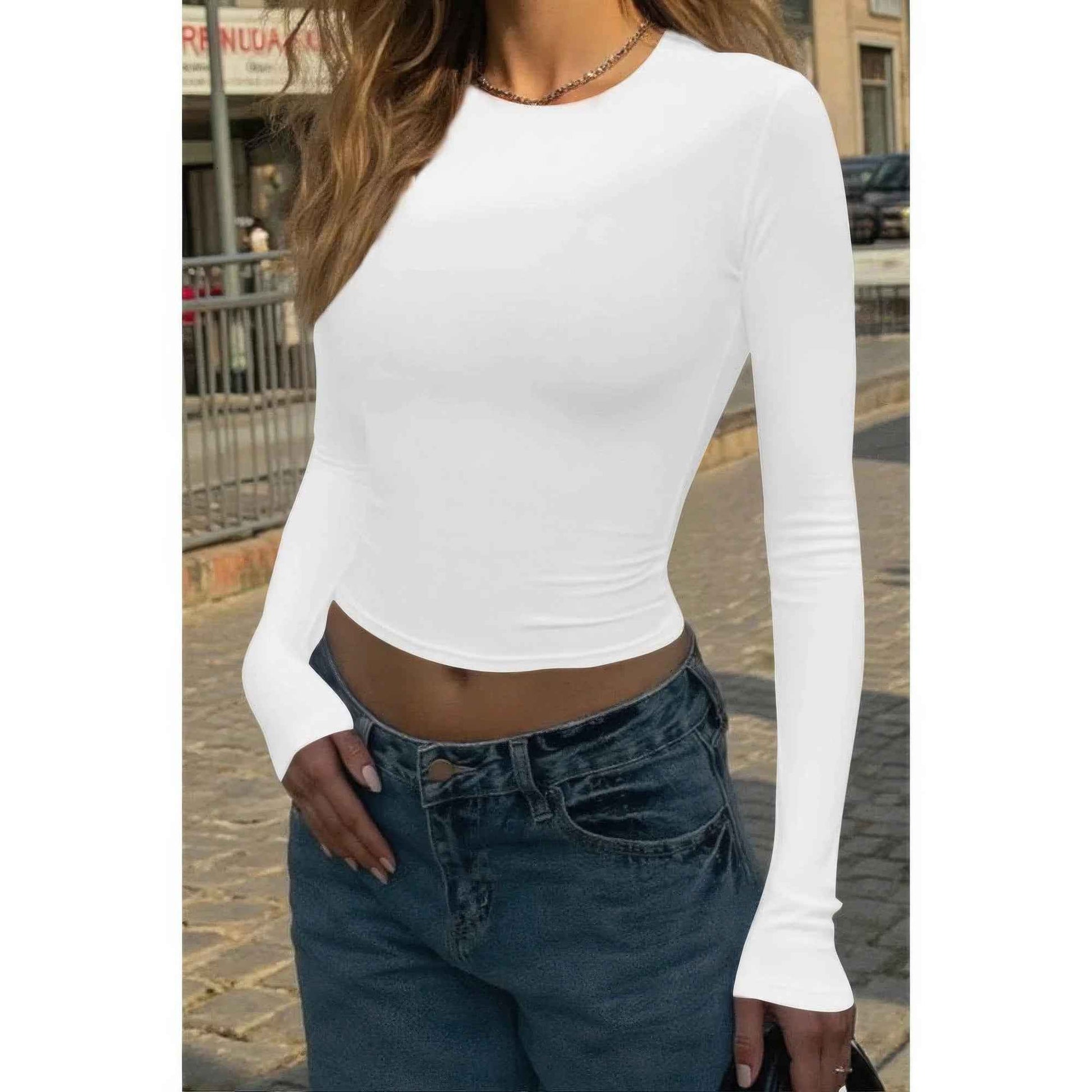 Round Neck Solid Long Sleeve Slim Fit Shirt