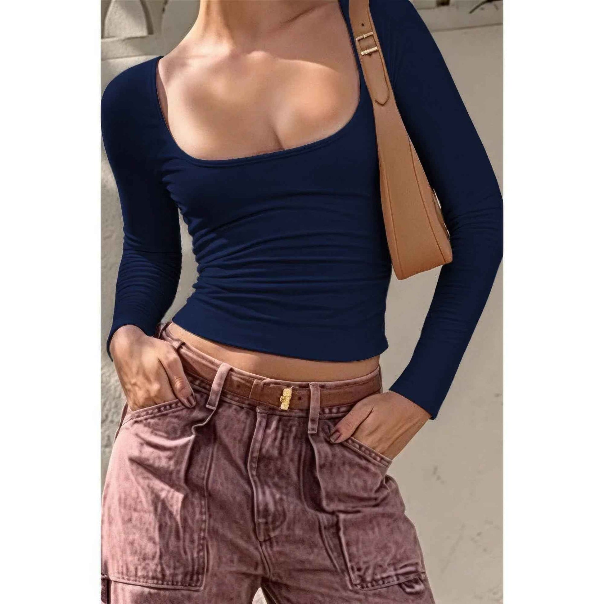 Knit Scoop Square Neck Long Sleeve Fit Shirt