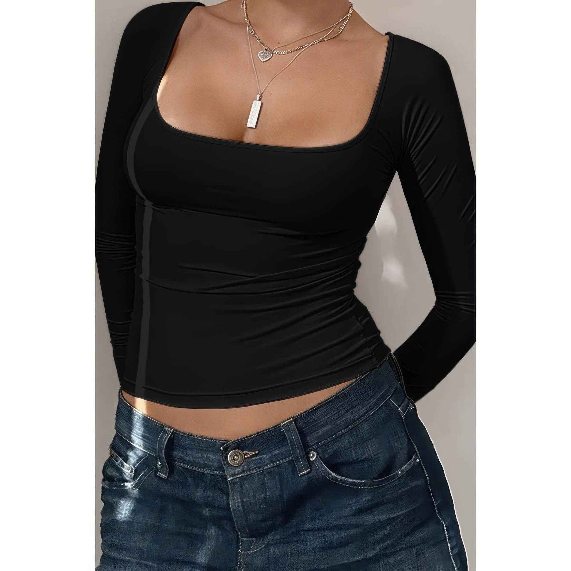 Knit Scoop Square Neck Long Sleeve Fit Shirt