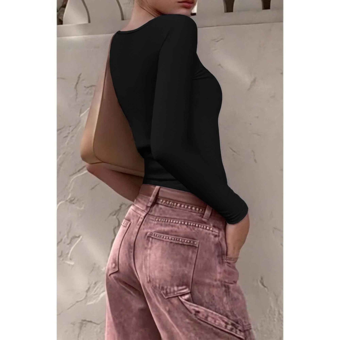 Knit Scoop Square Neck Long Sleeve Fit Shirt