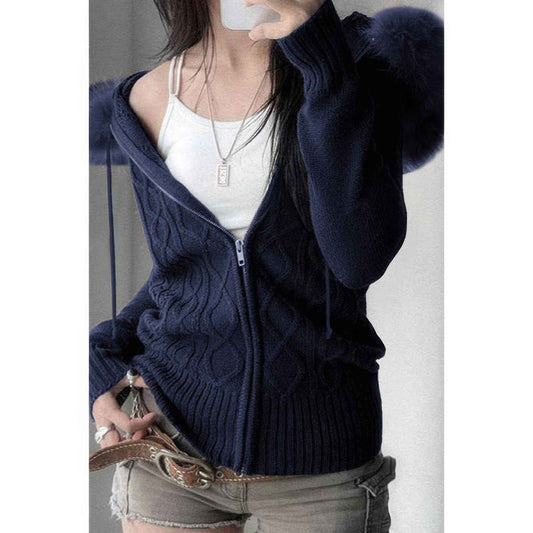 Solid Zipper Twist And Fur Stitching Jacket