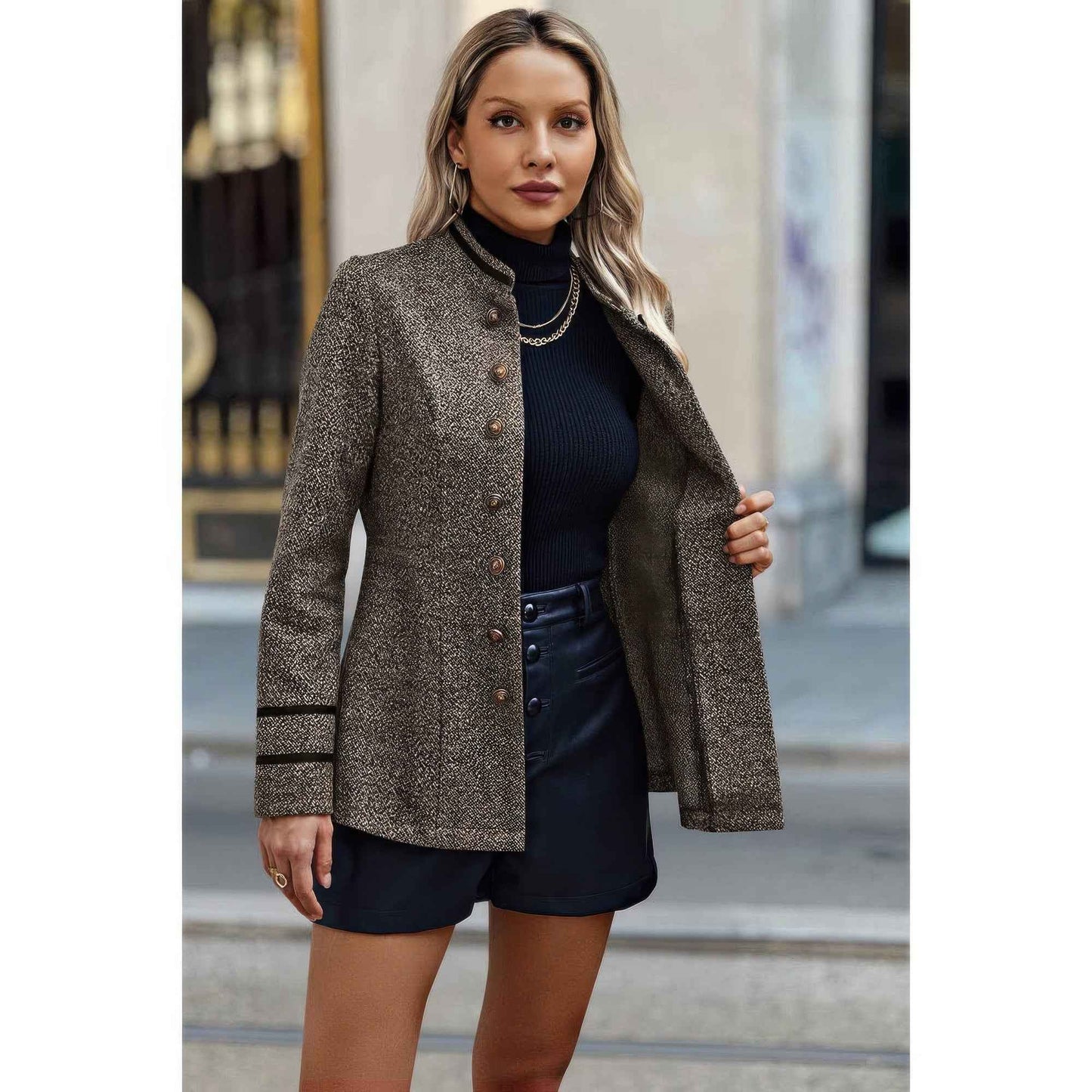 Solid Decorative Button Stand Collar Jacket