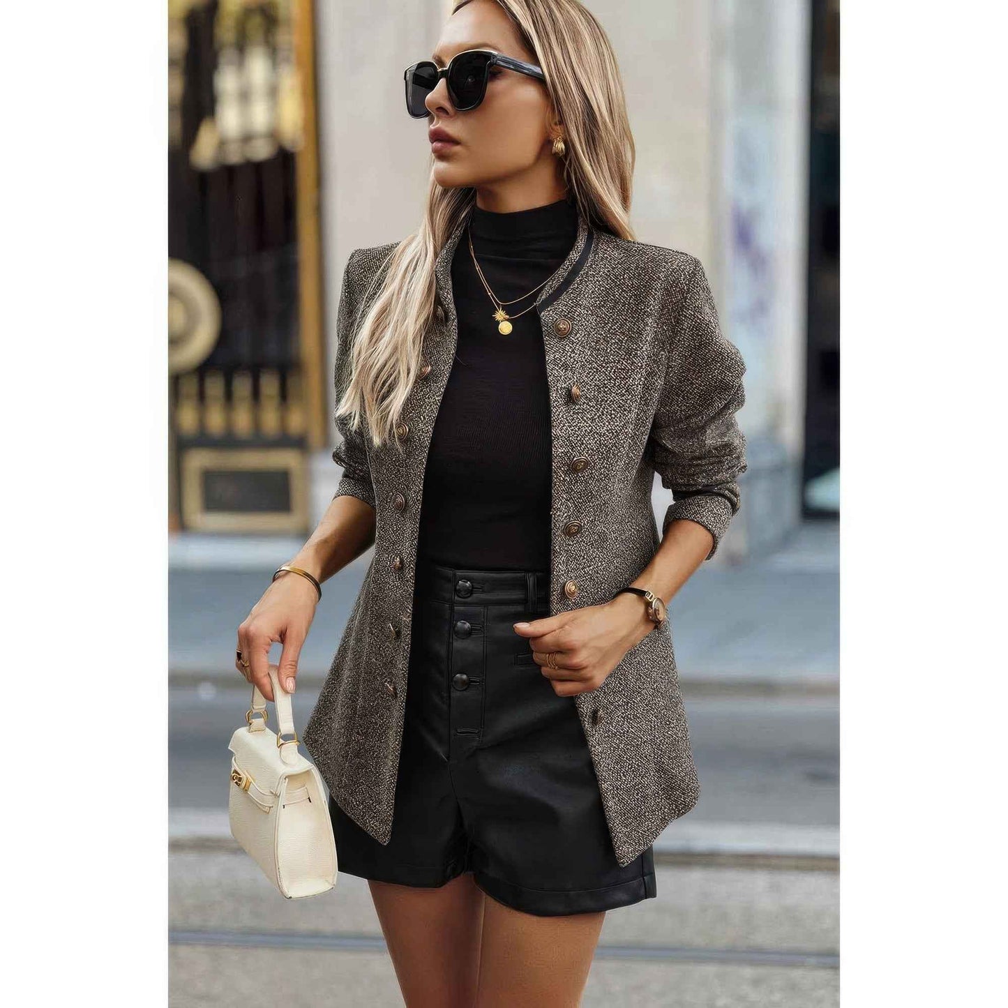 Solid Decorative Button Stand Collar Jacket