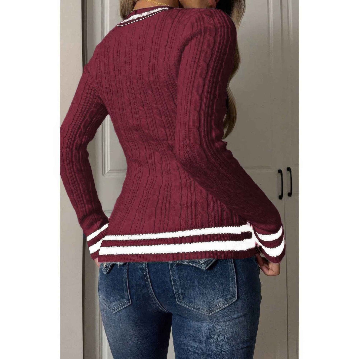 V Neck Cable Knit Long Sleeve Fit Sweater