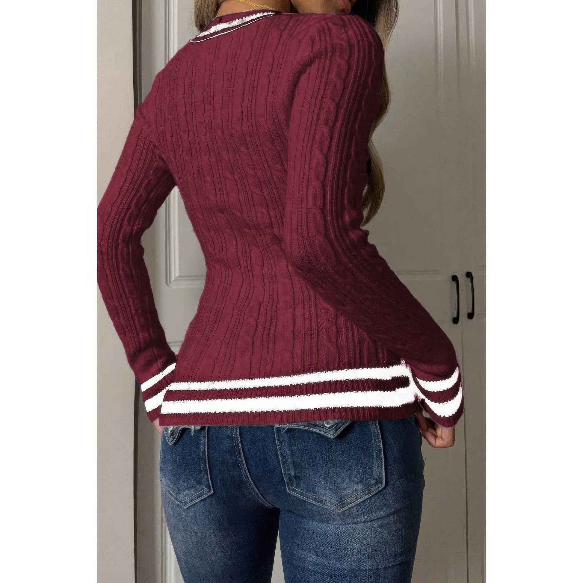 V Neck Cable Knit Long Sleeve Fit Sweater