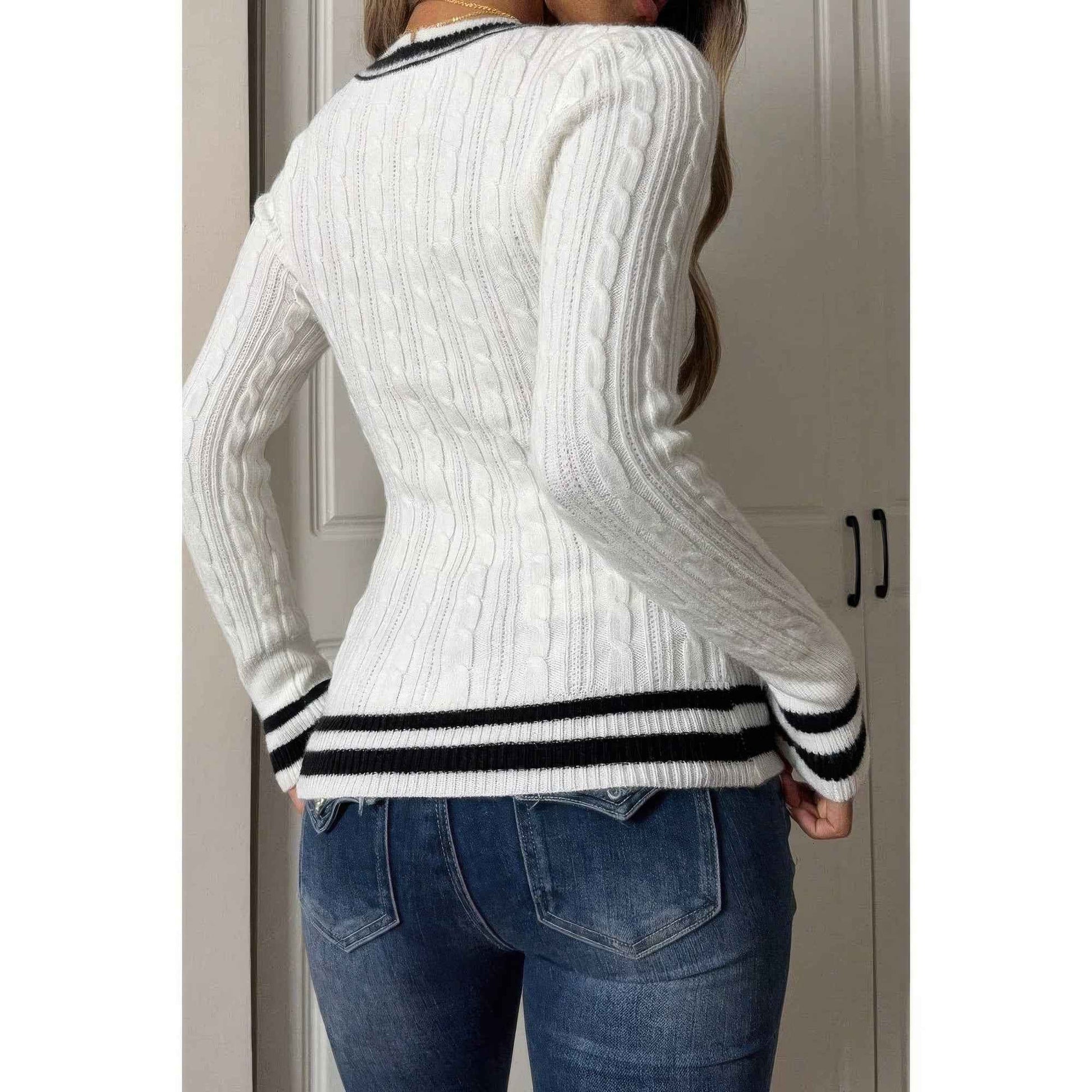 V Neck Cable Knit Long Sleeve Fit Sweater