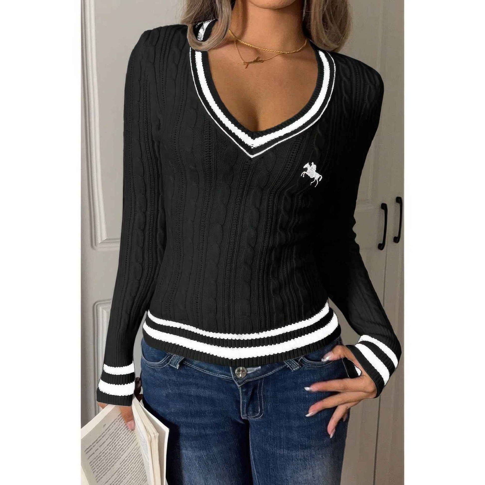 V Neck Cable Knit Long Sleeve Fit Sweater