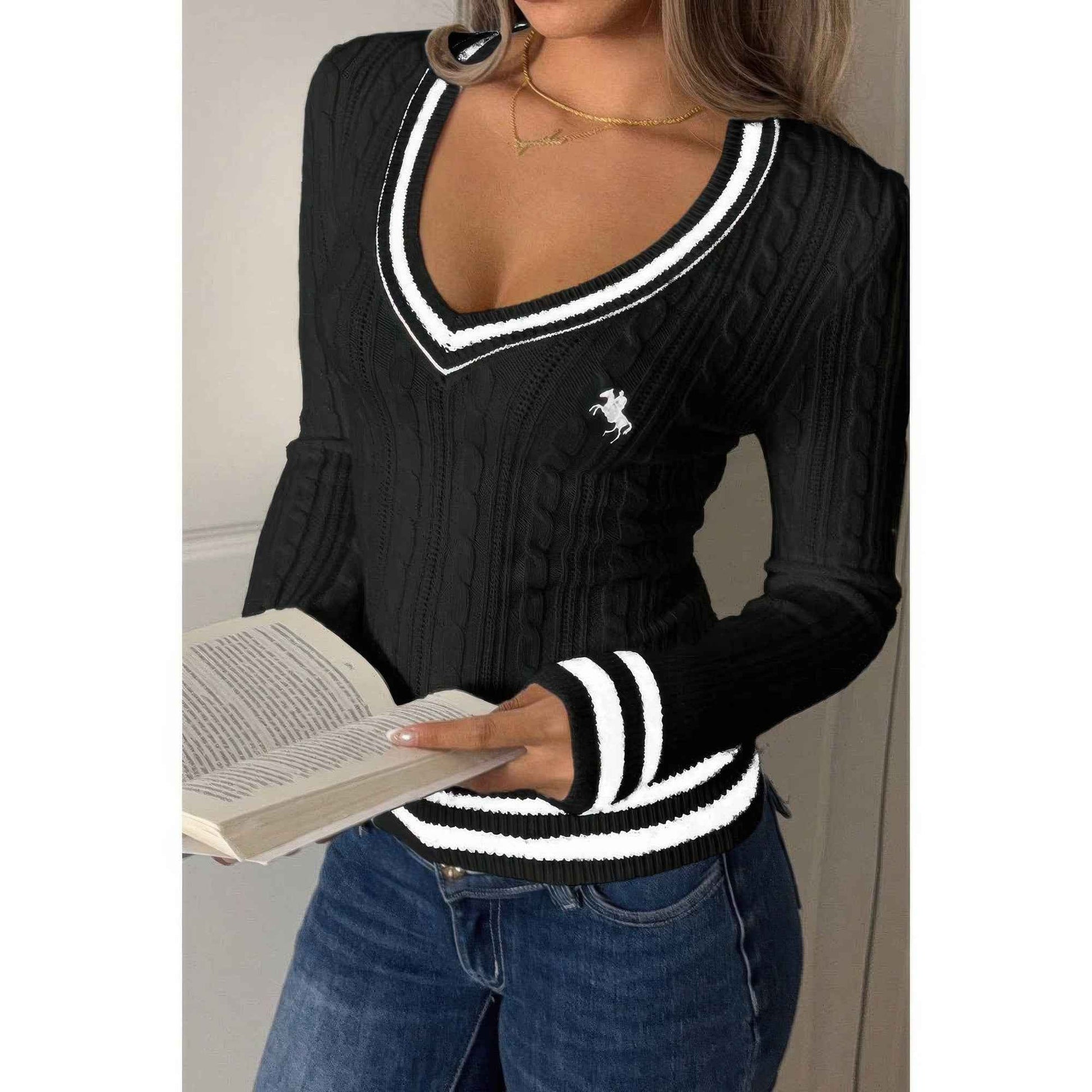 V Neck Cable Knit Long Sleeve Fit Sweater