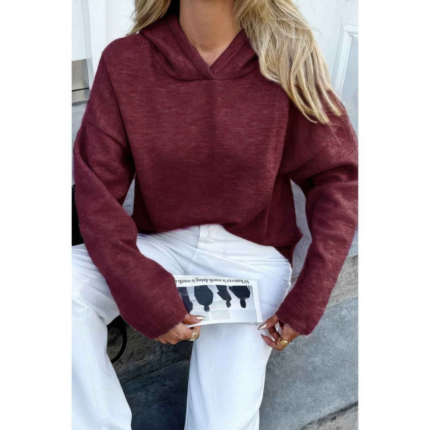 Solid Knit Long Sleeve Loose Hooded Sweater