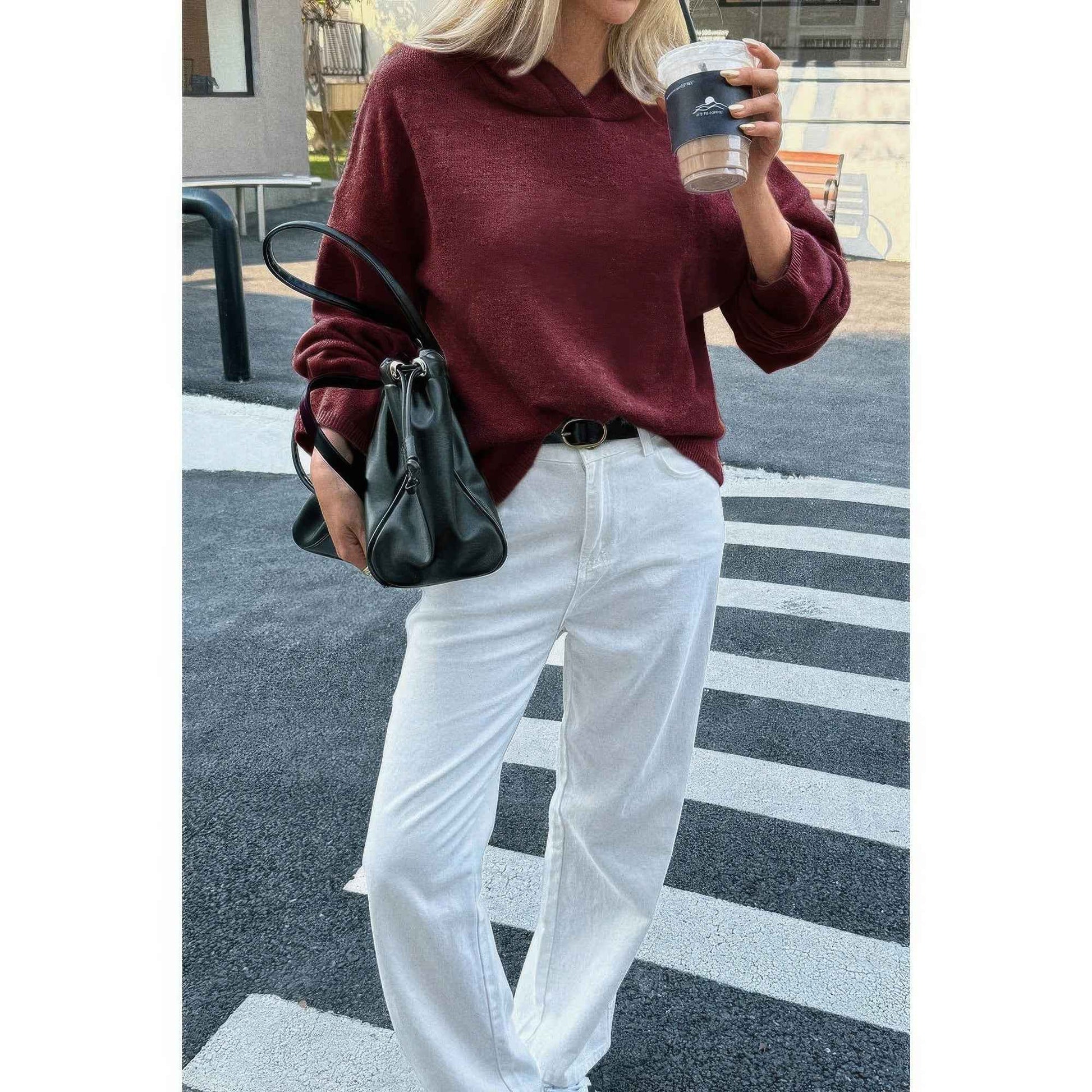 Solid Knit Long Sleeve Loose Hooded Sweater