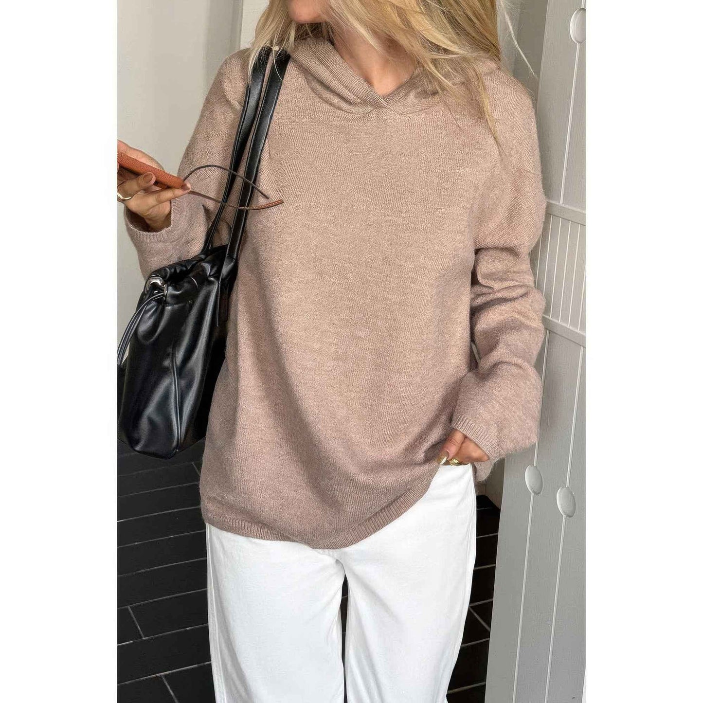 Solid Knit Long Sleeve Loose Hooded Sweater
