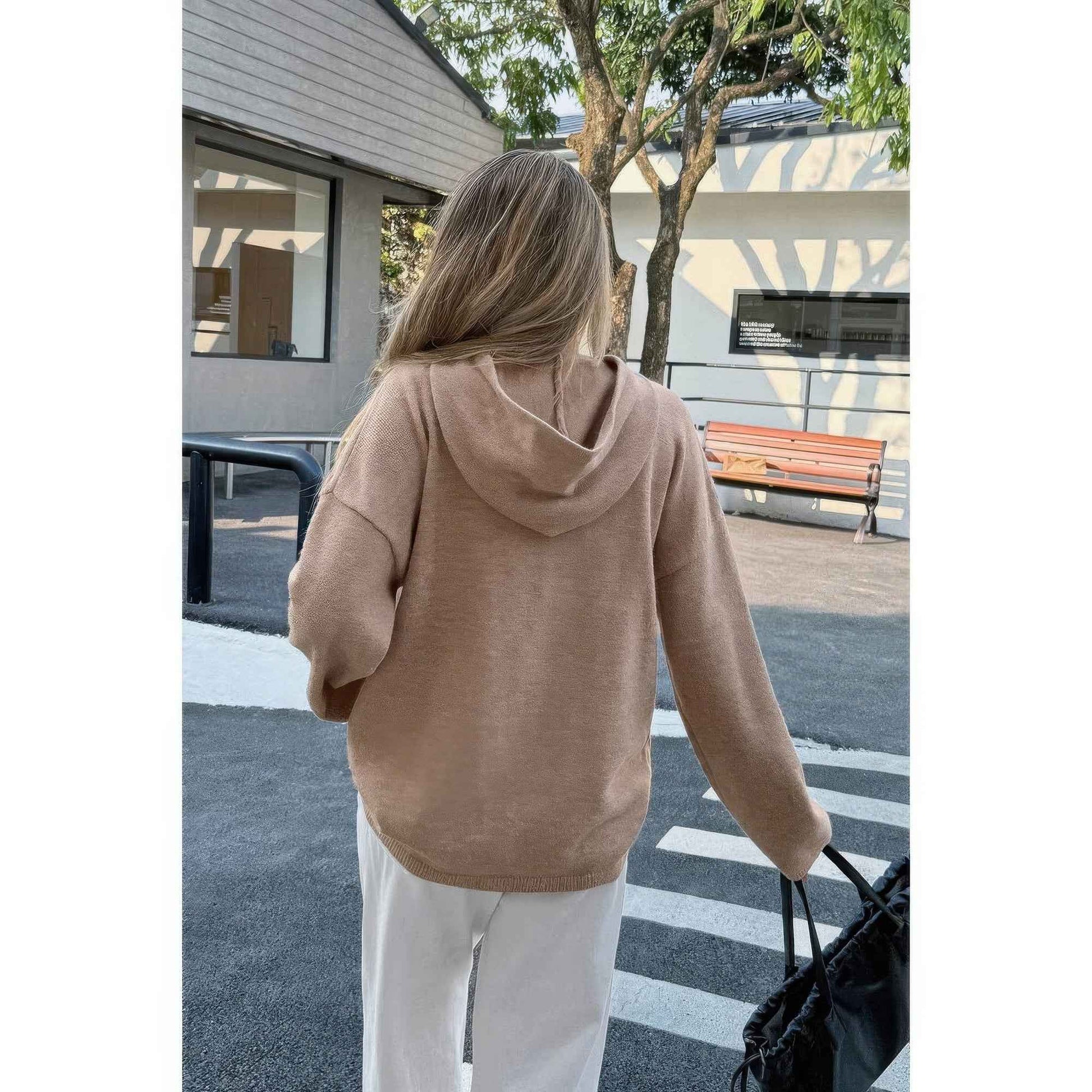 Solid Knit Long Sleeve Loose Hooded Sweater