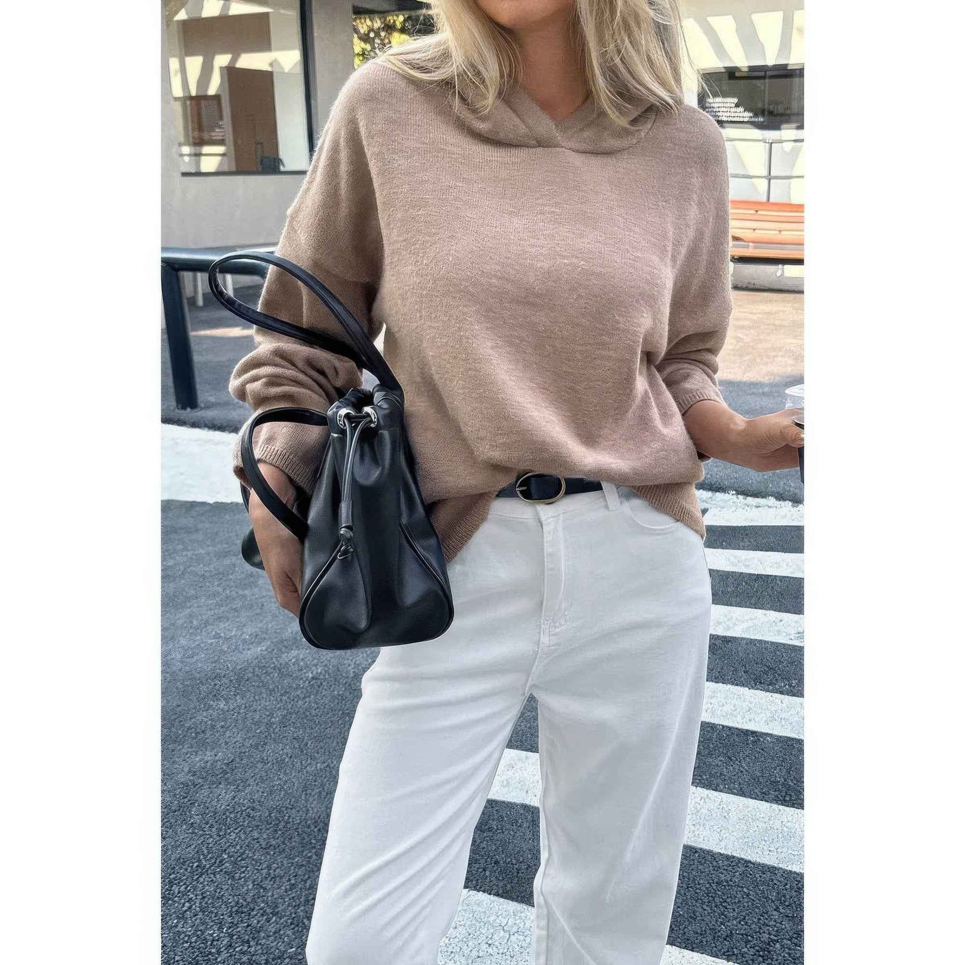 Solid Knit Long Sleeve Loose Hooded Sweater